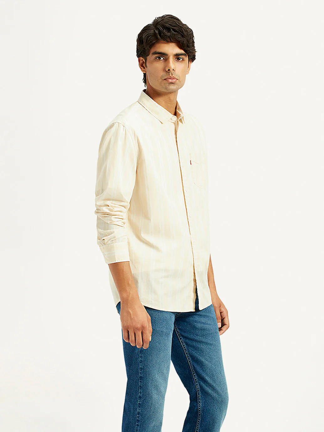 Men's Striped Beige Slim Fit Shirt - Image 4