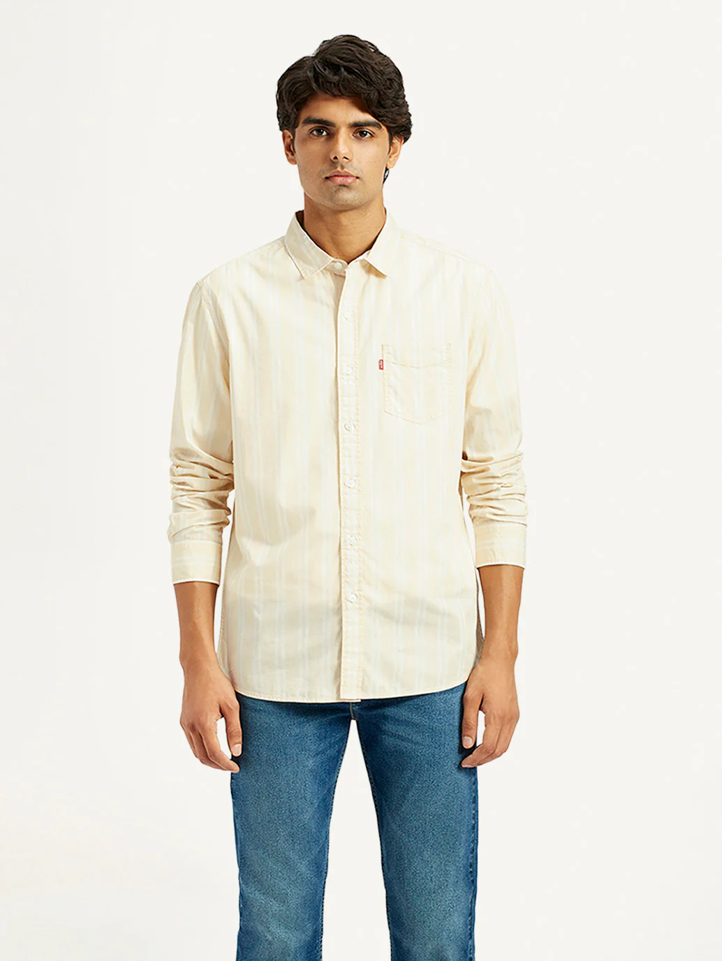 Men's Striped Beige Slim Fit Shirt - Image 5