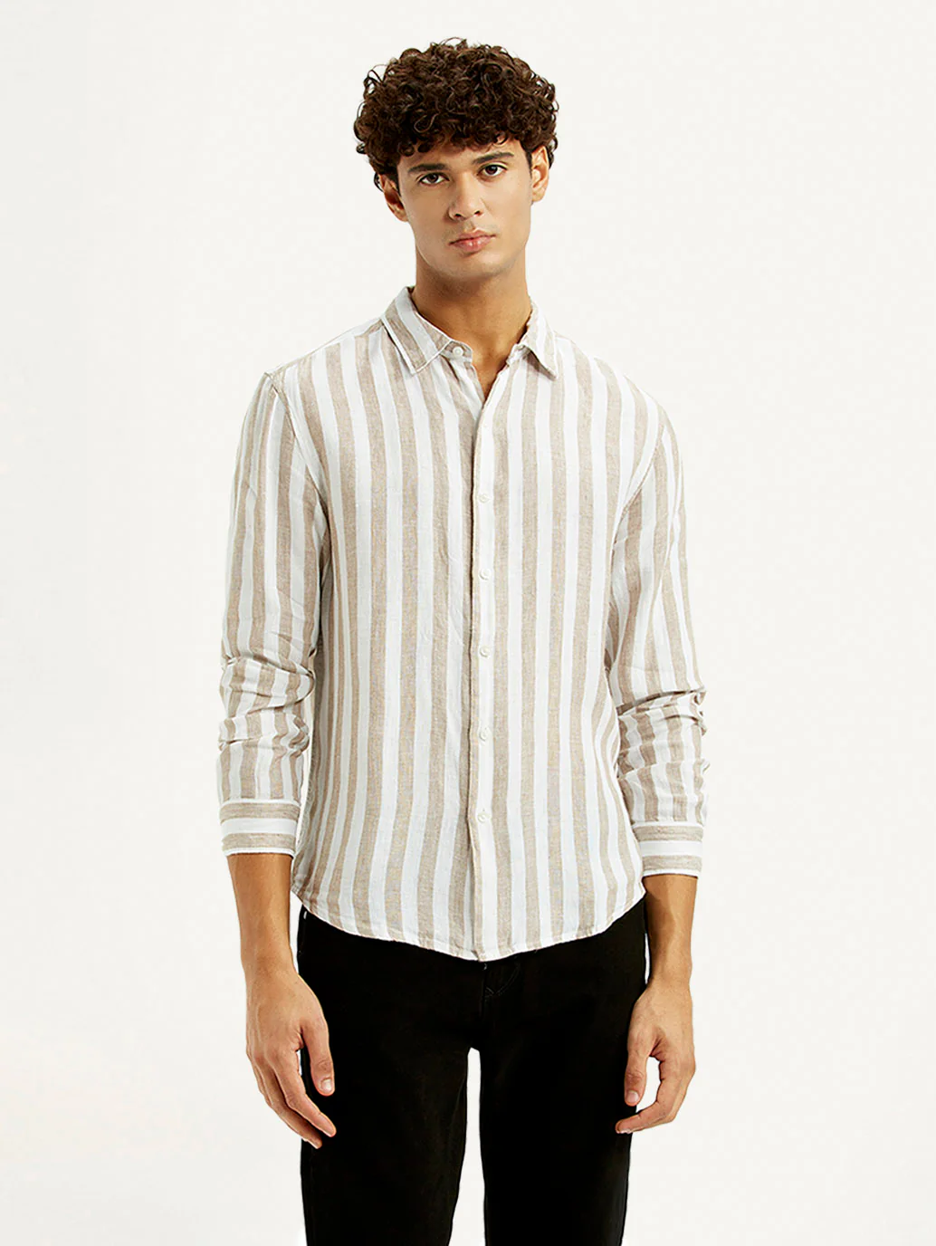 Men's Striped Beige Slim Fit Shirt - Image 2