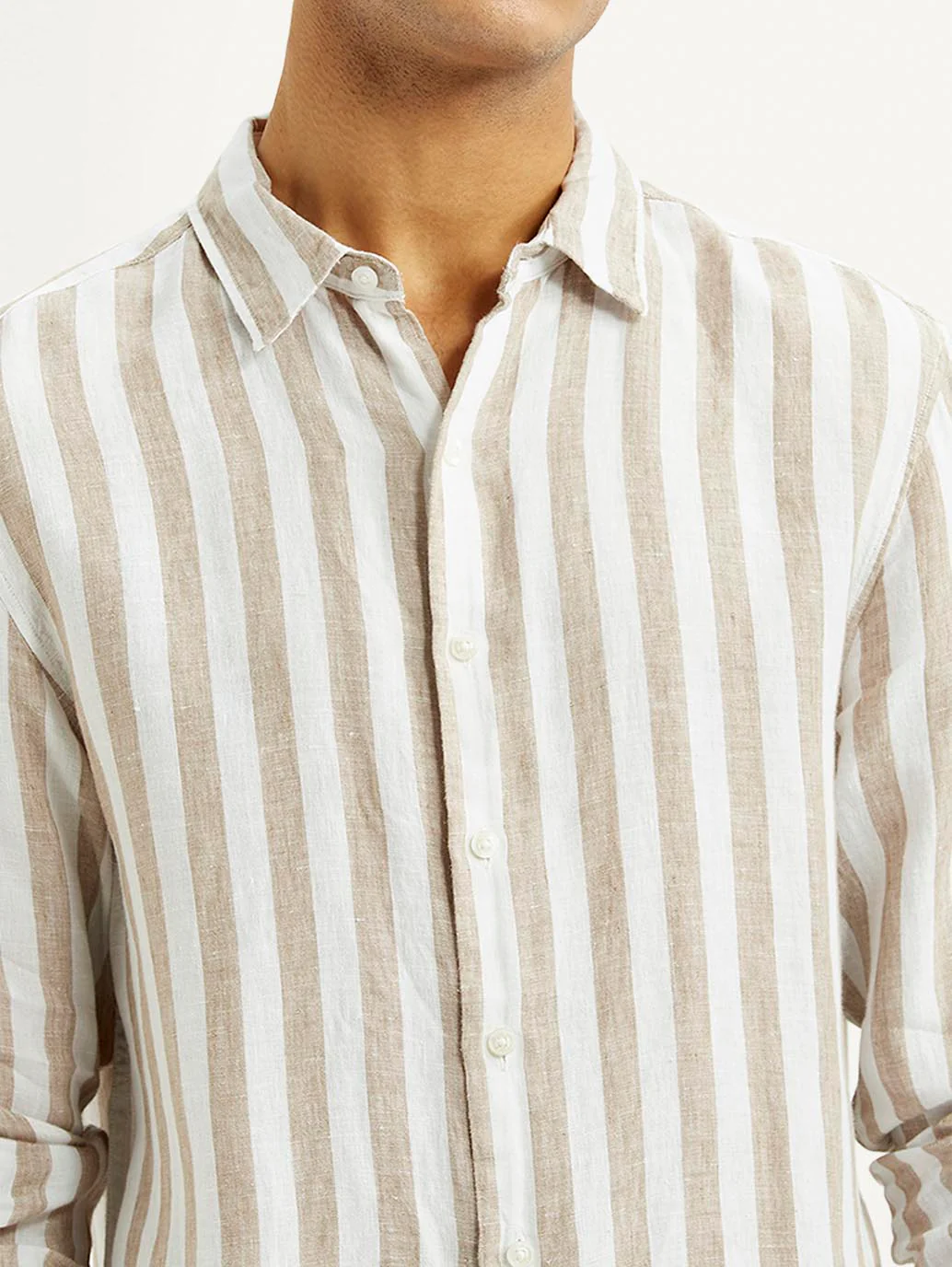 Men's Striped Beige Slim Fit Shirt - Image 4