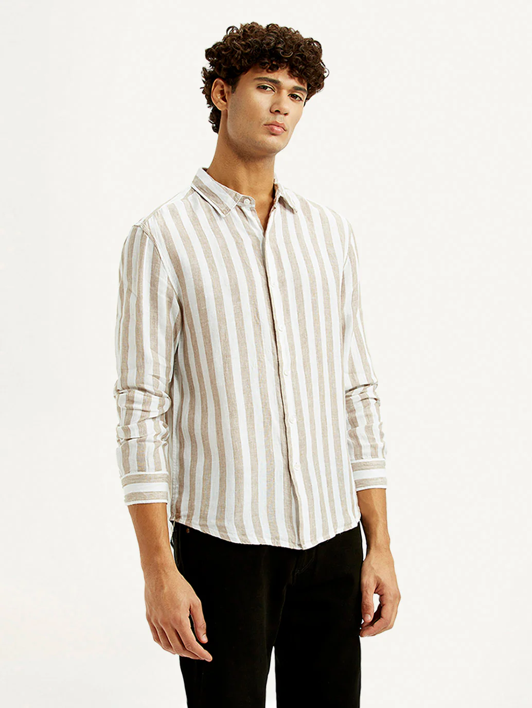 Men's Striped Beige Slim Fit Shirt - Image 5