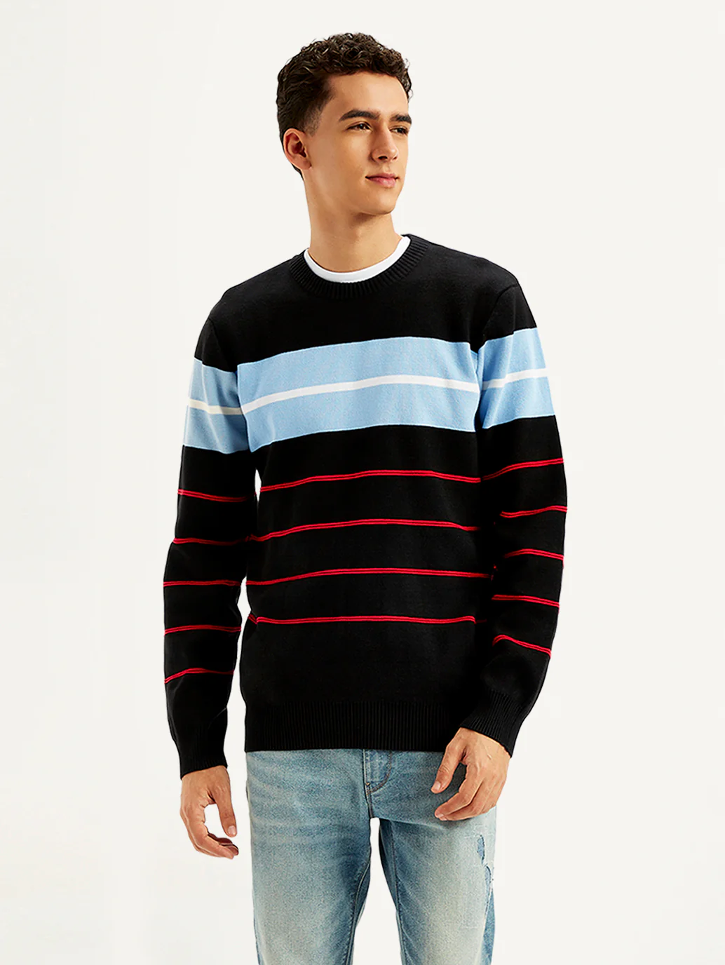 Men's Striped Black Crew Neck Sweater - Image 2