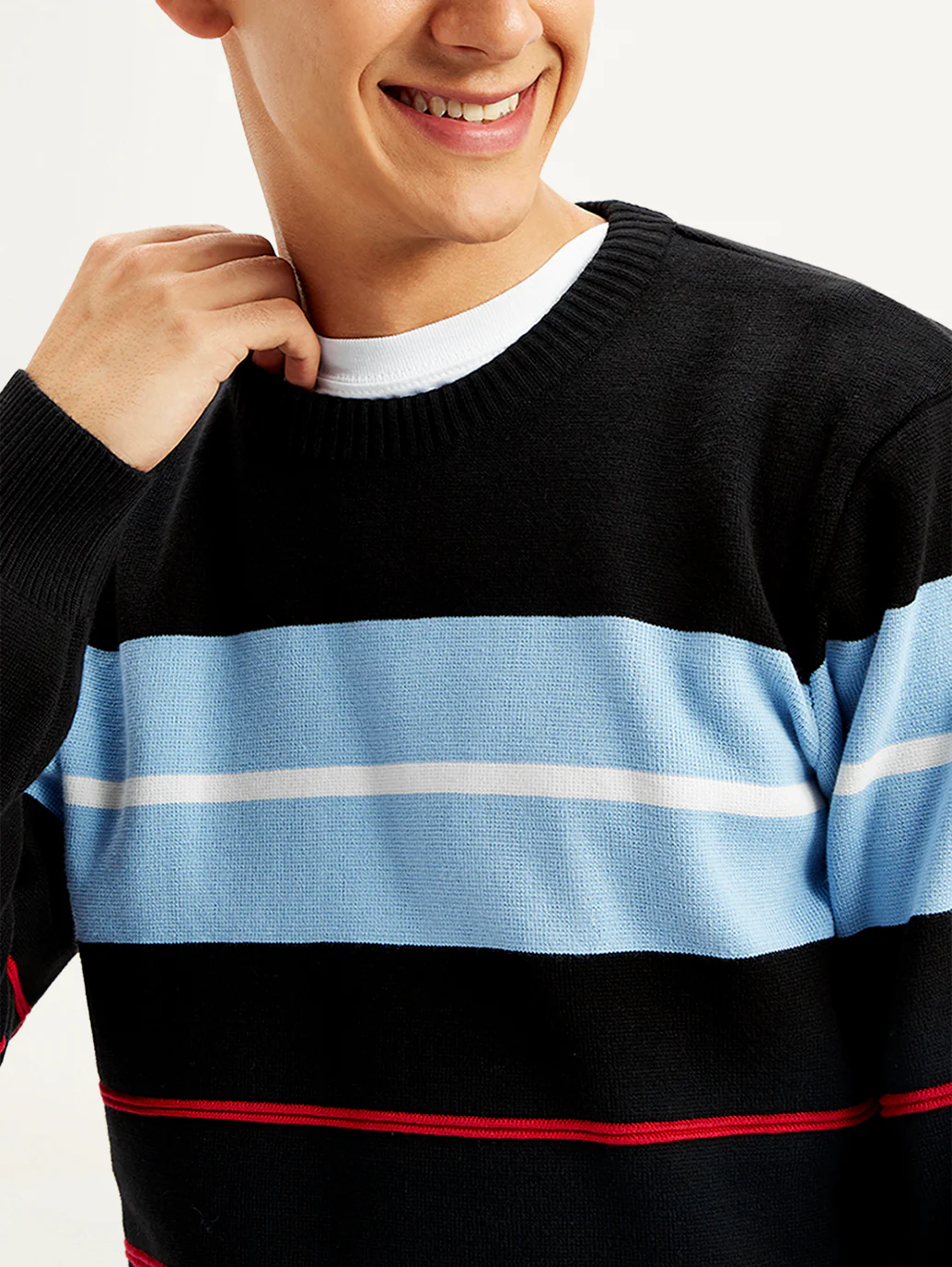 Men's Striped Black Crew Neck Sweater - Image 4