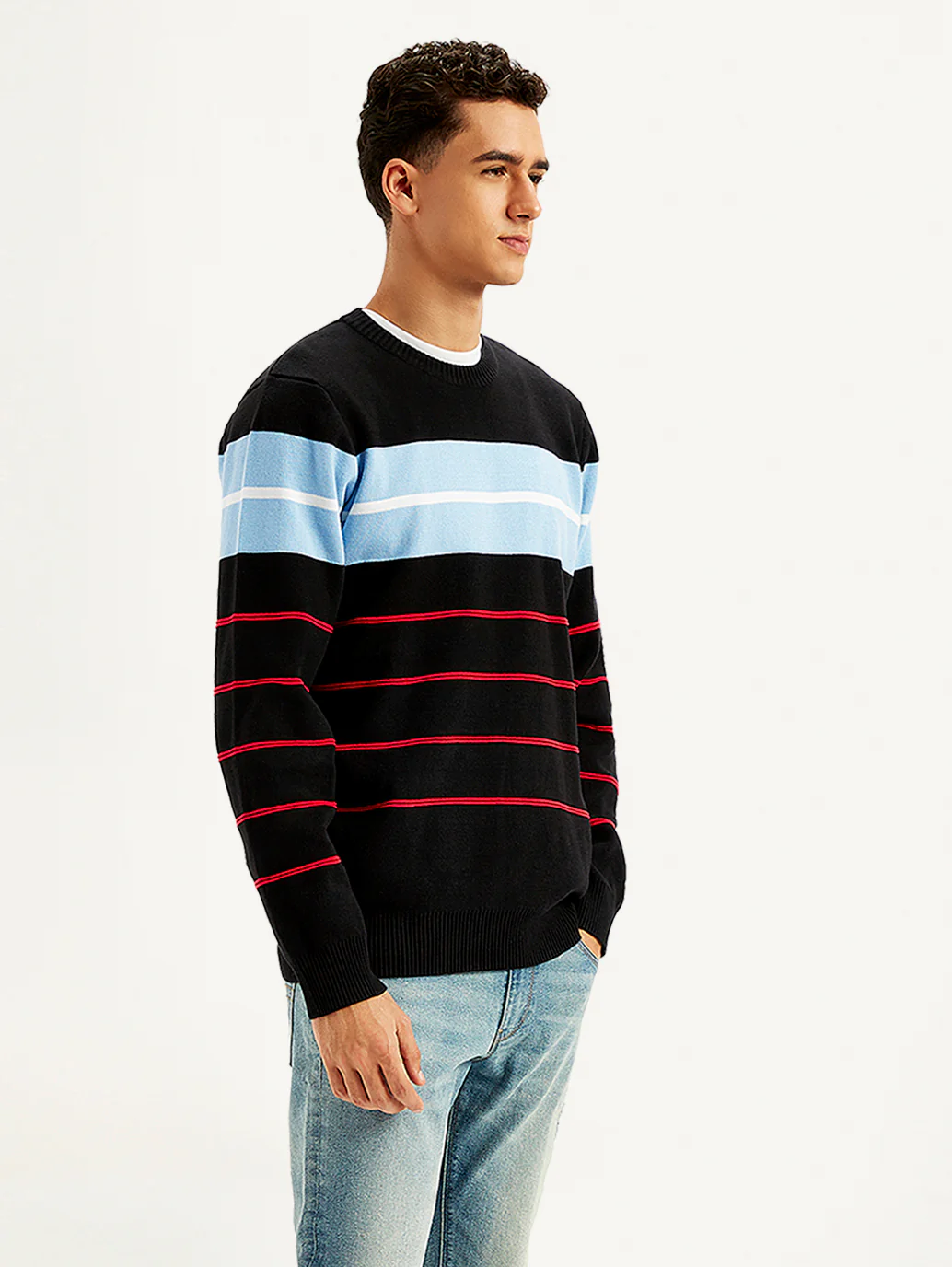 Men's Striped Black Crew Neck Sweater - Image 5