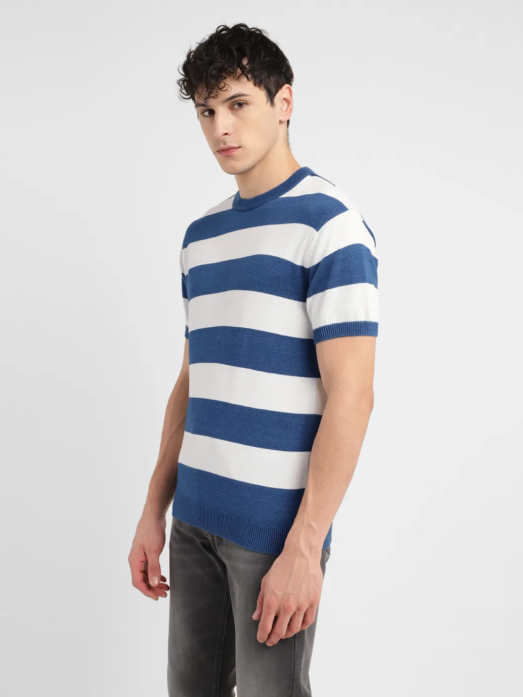 Men's Striped Blue Crew Neck Sweater - Image 4