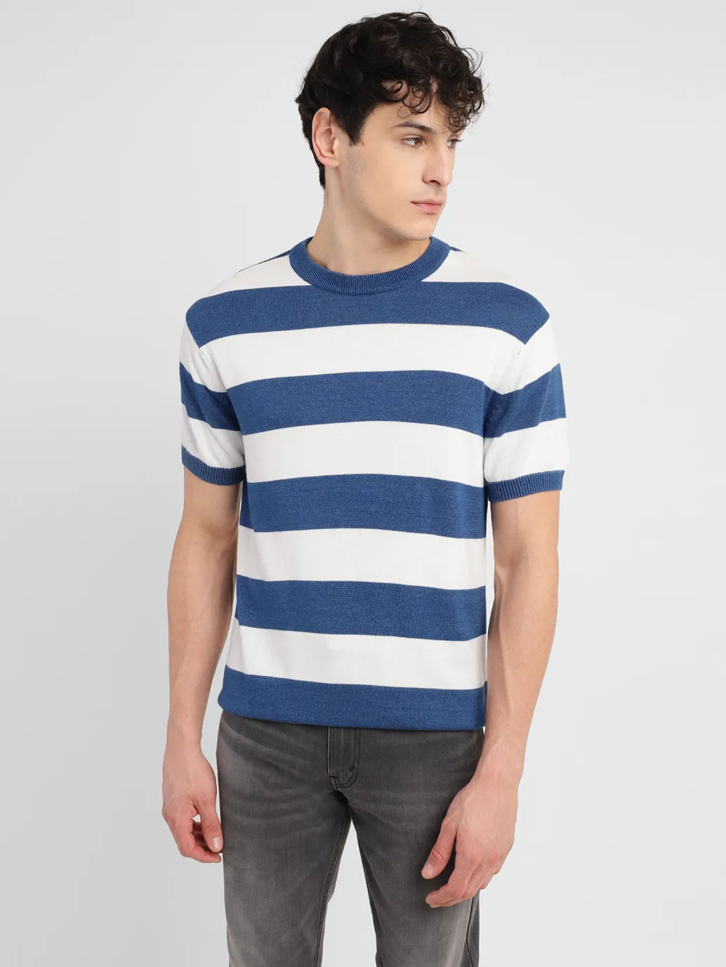 Men's Striped Blue Crew Neck Sweater - Image 6