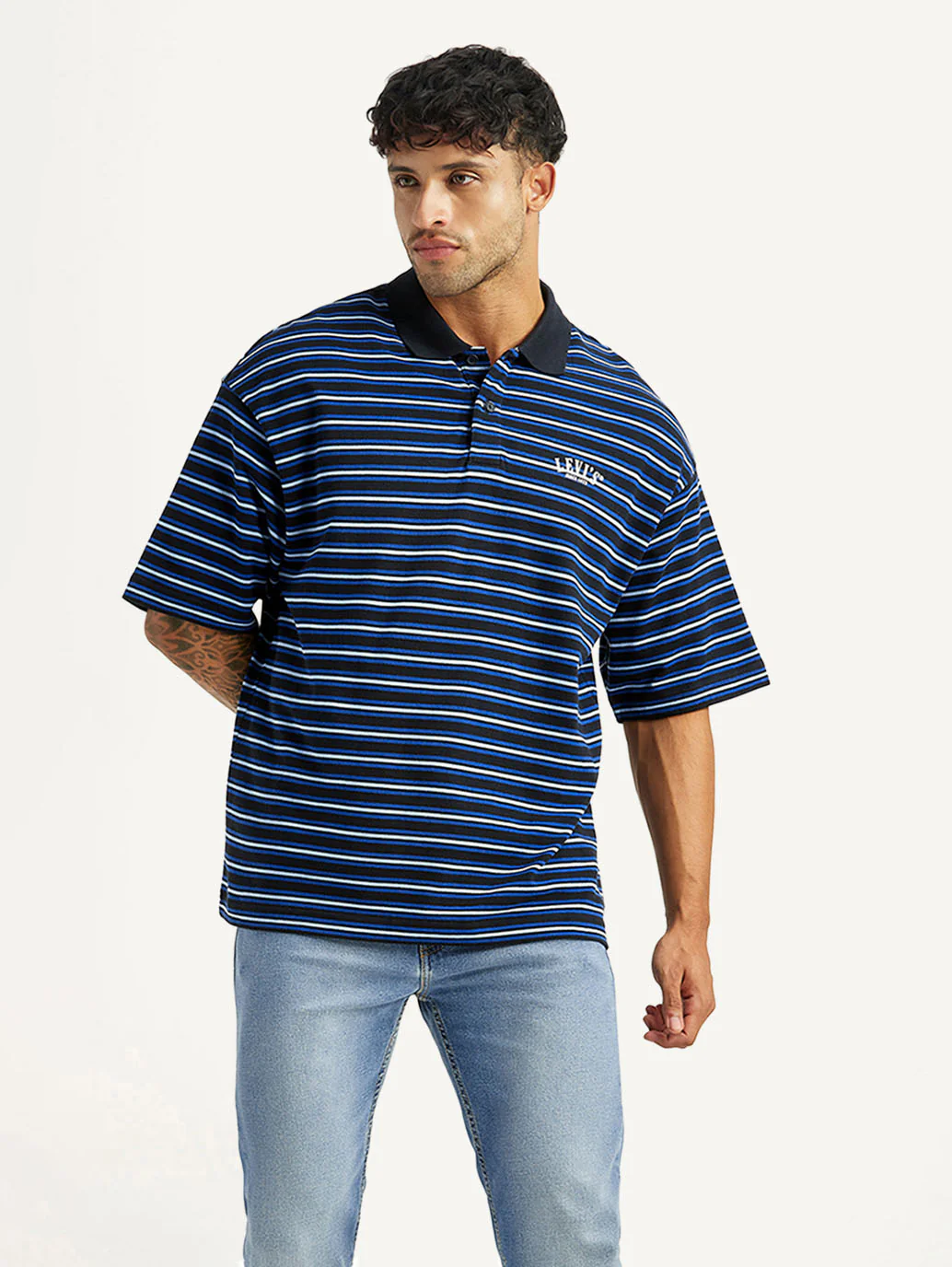 Men's Striped Blue Loose Fit Polo T-shirt