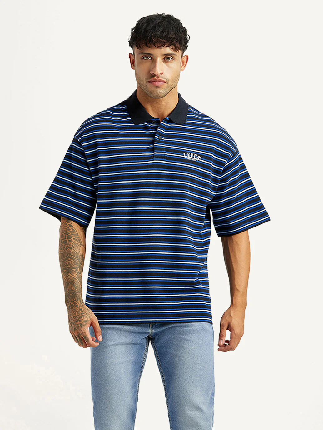 Men's Striped Blue Loose Fit Polo T-shirt - Image 2