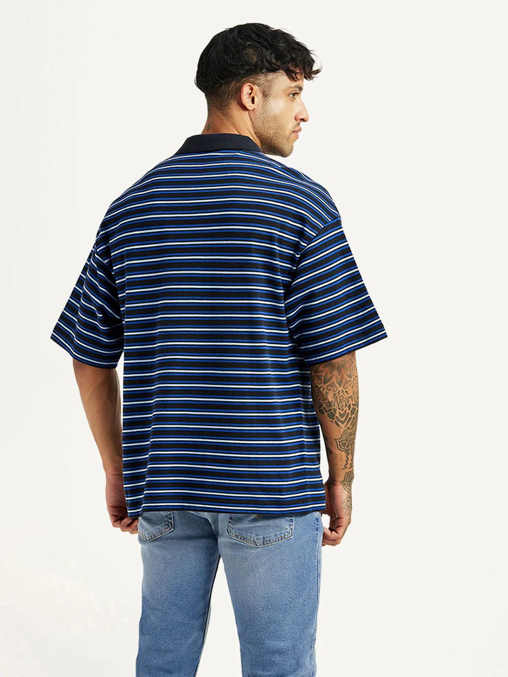 Men's Striped Blue Loose Fit Polo T-shirt - Image 3