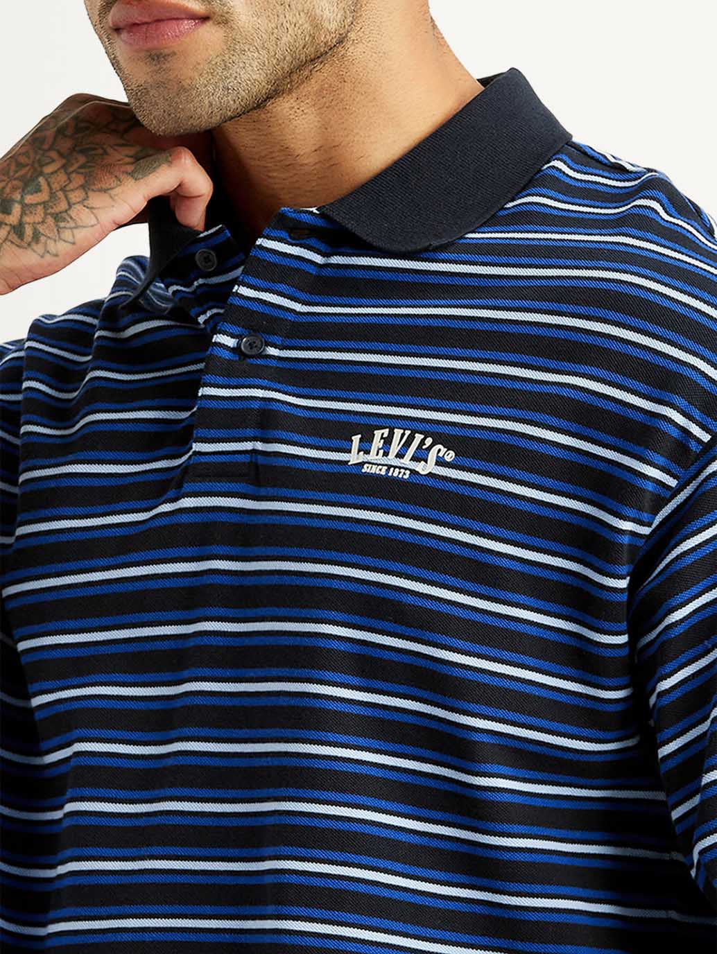 Men's Striped Blue Loose Fit Polo T-shirt - Image 4