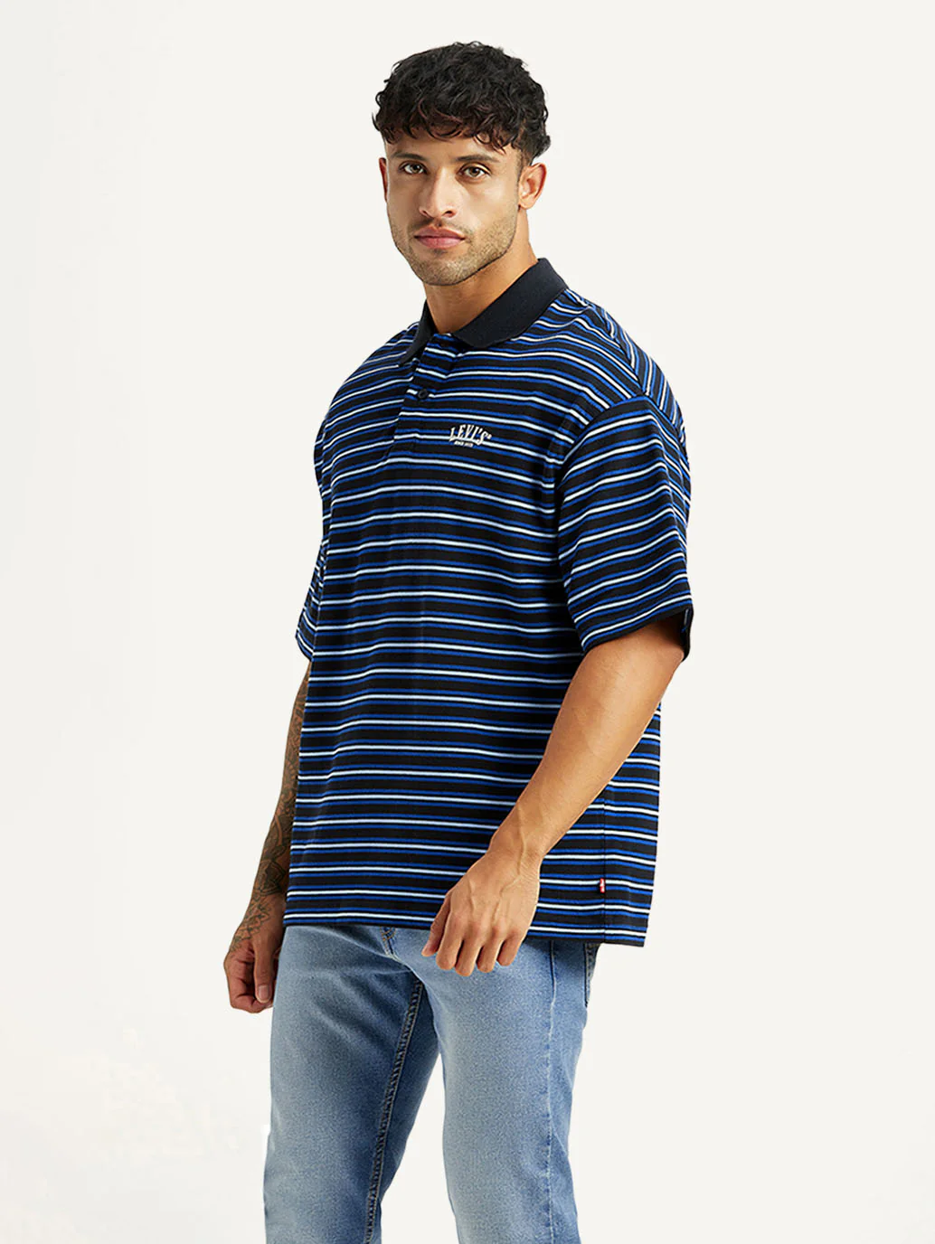 Men's Striped Blue Loose Fit Polo T-shirt - Image 5
