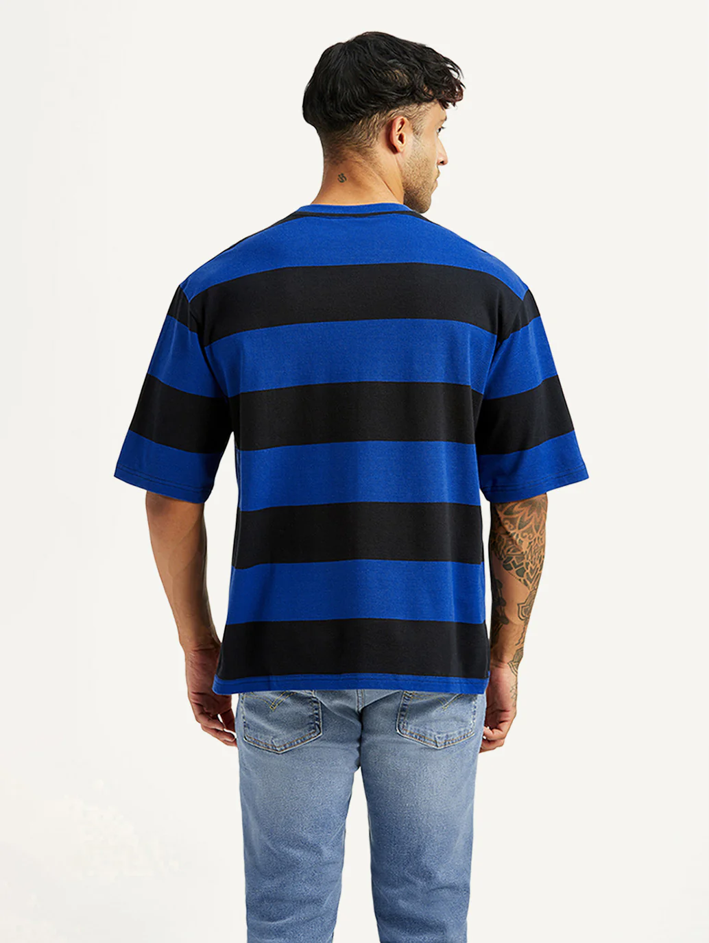 Men's Striped Blue Loose Fit T-shirt - Image 2