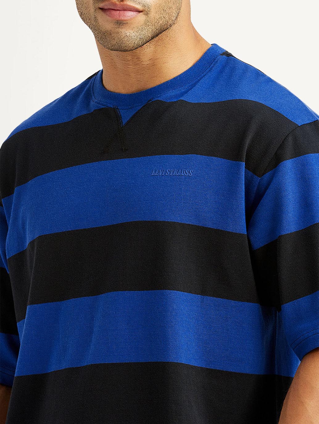 Men's Striped Blue Loose Fit T-shirt - Image 3