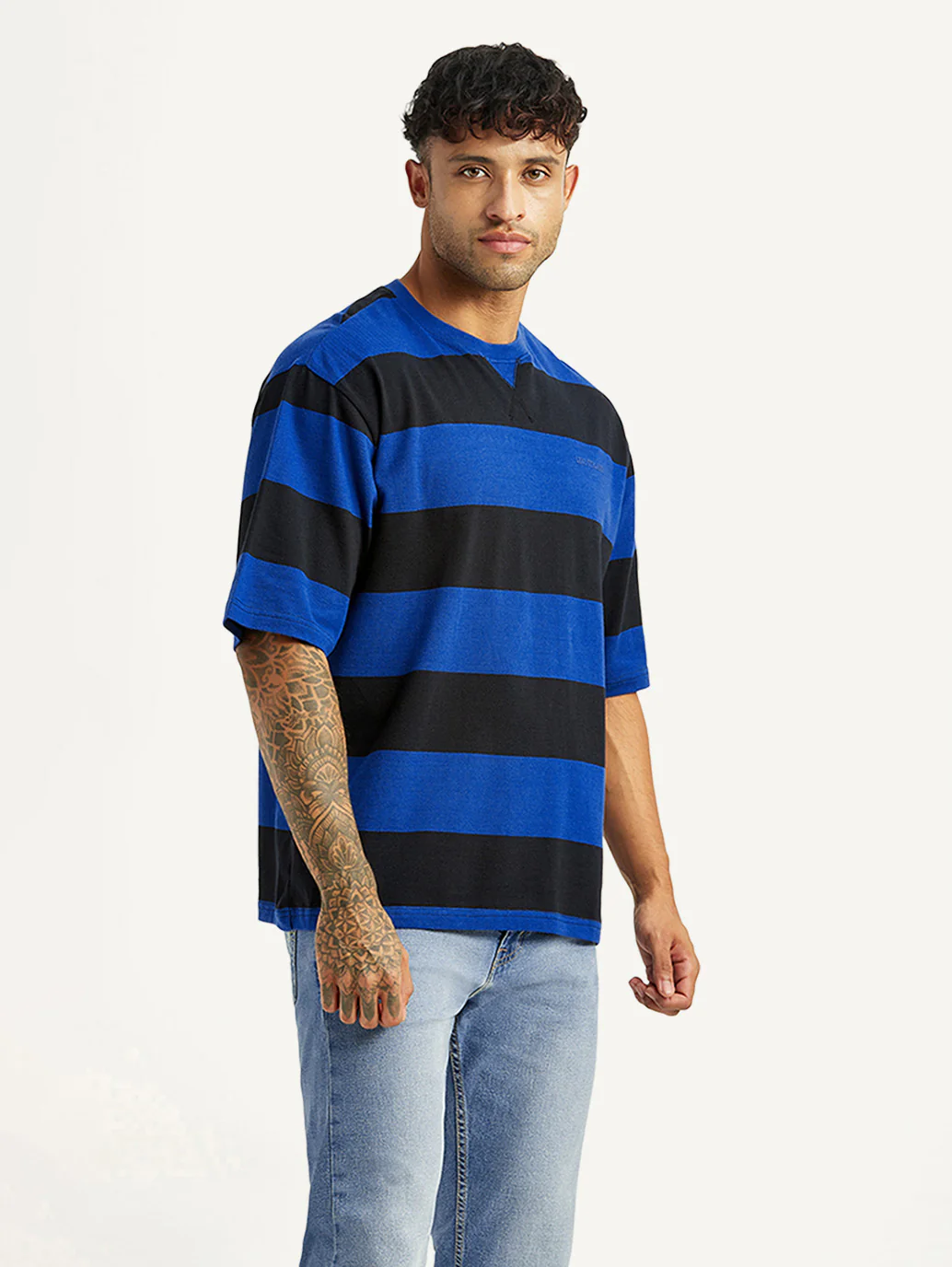 Men's Striped Blue Loose Fit T-shirt - Image 4