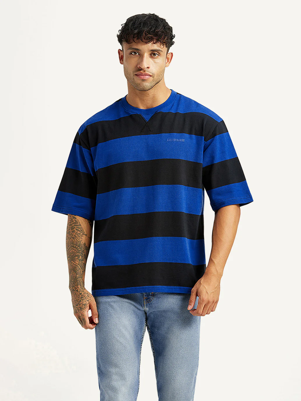 Men's Striped Blue Loose Fit T-shirt - Image 5
