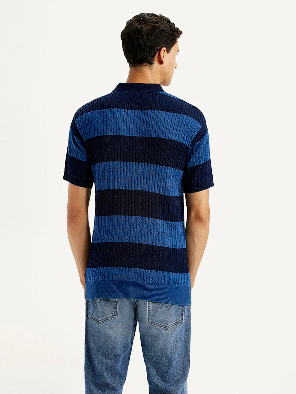 Men's Striped Blue Slim Fit Polo T-shirt - Image 2