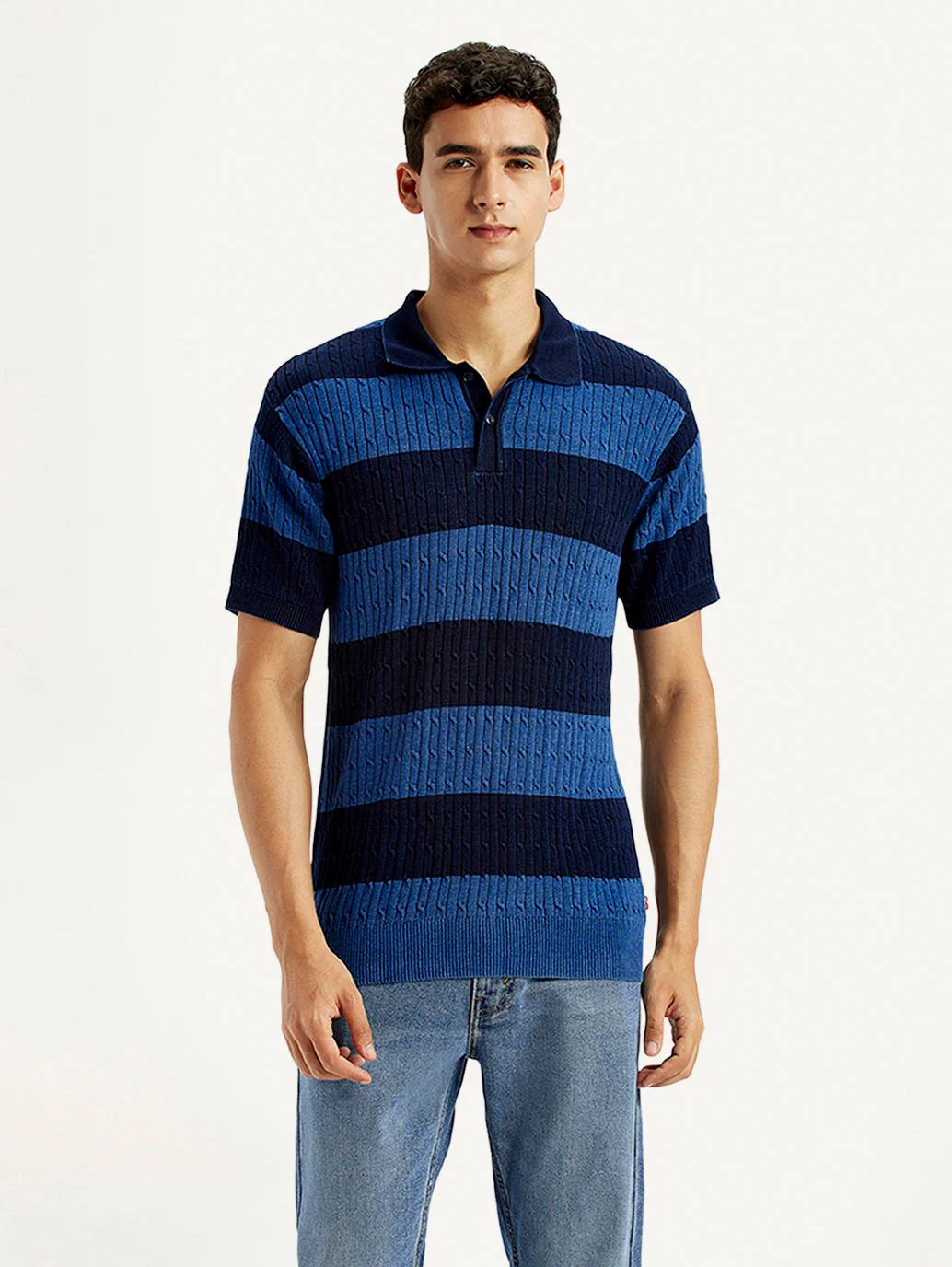 Men's Striped Blue Slim Fit Polo T-shirt - Image 3