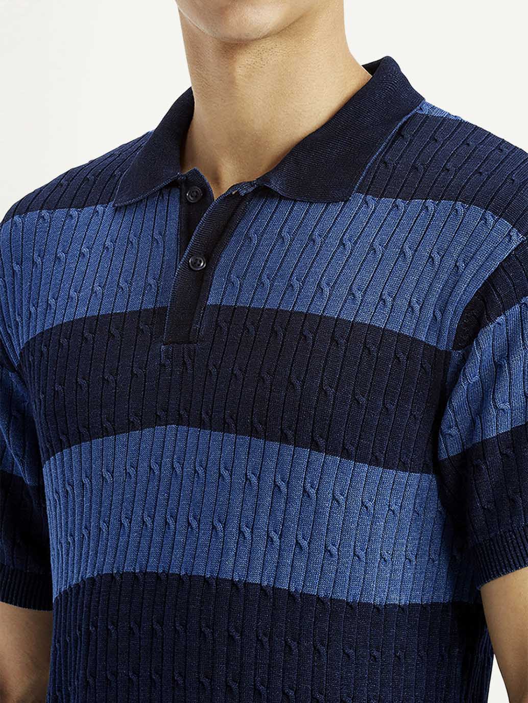 Men's Striped Blue Slim Fit Polo T-shirt - Image 4