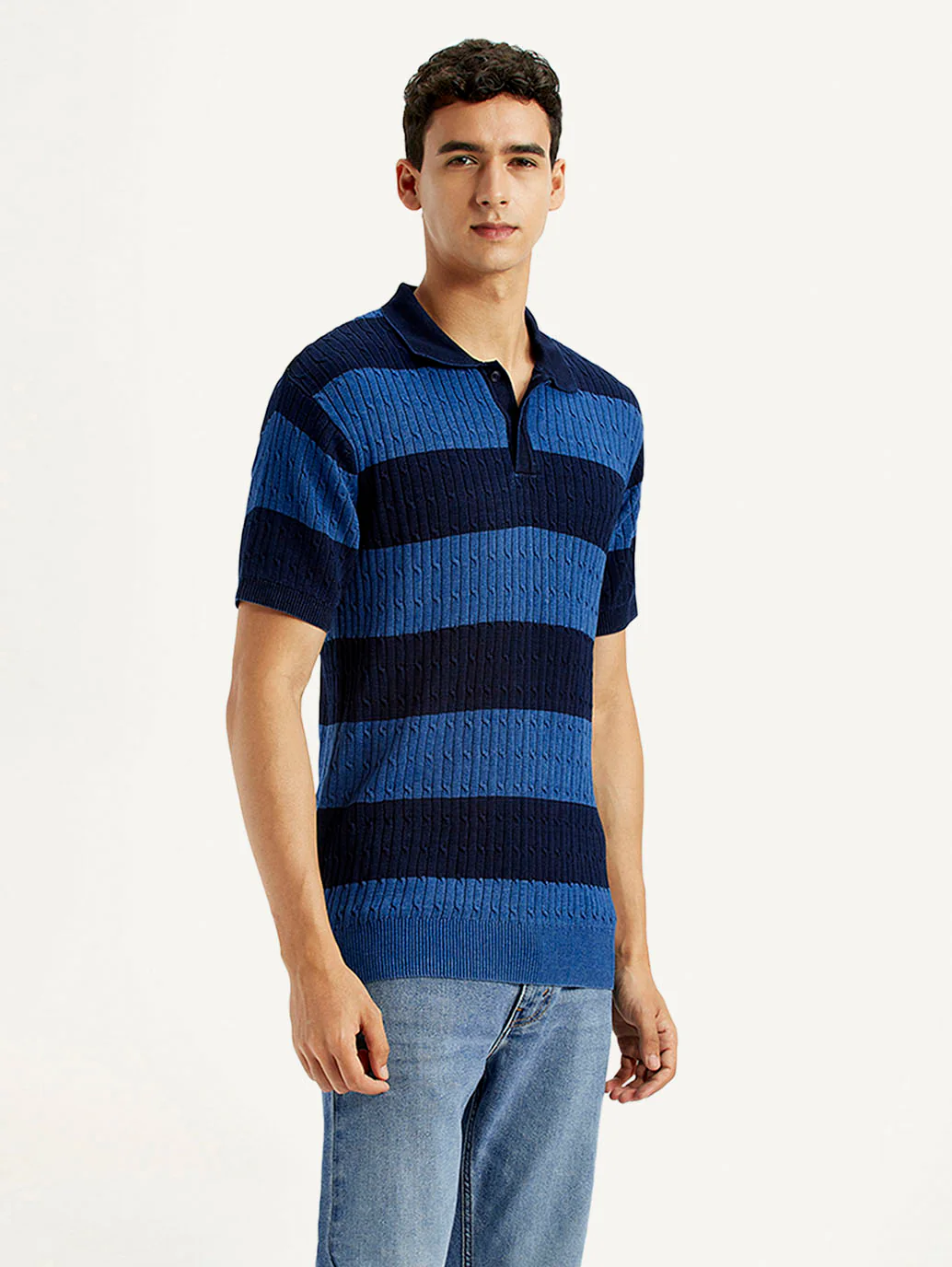 Men's Striped Blue Slim Fit Polo T-shirt - Image 5