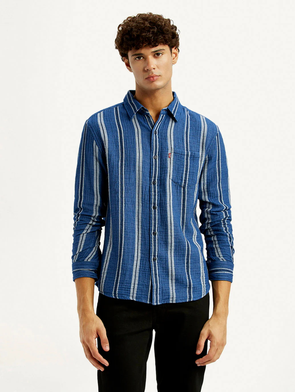 Men's Striped Blue Slim Fit Shirt - Image 2