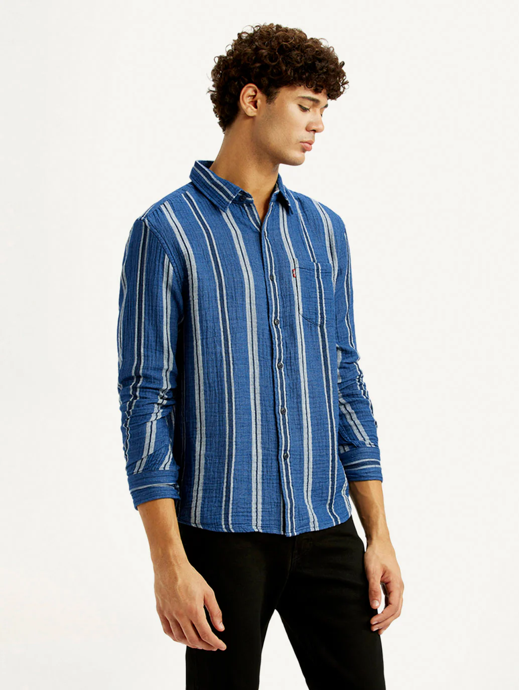 Men's Striped Blue Slim Fit Shirt - Image 5