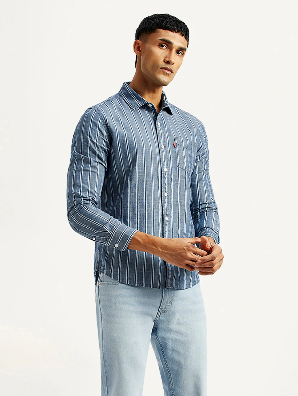 Men's Striped Blue Slim Fit Shirt - Image 4
