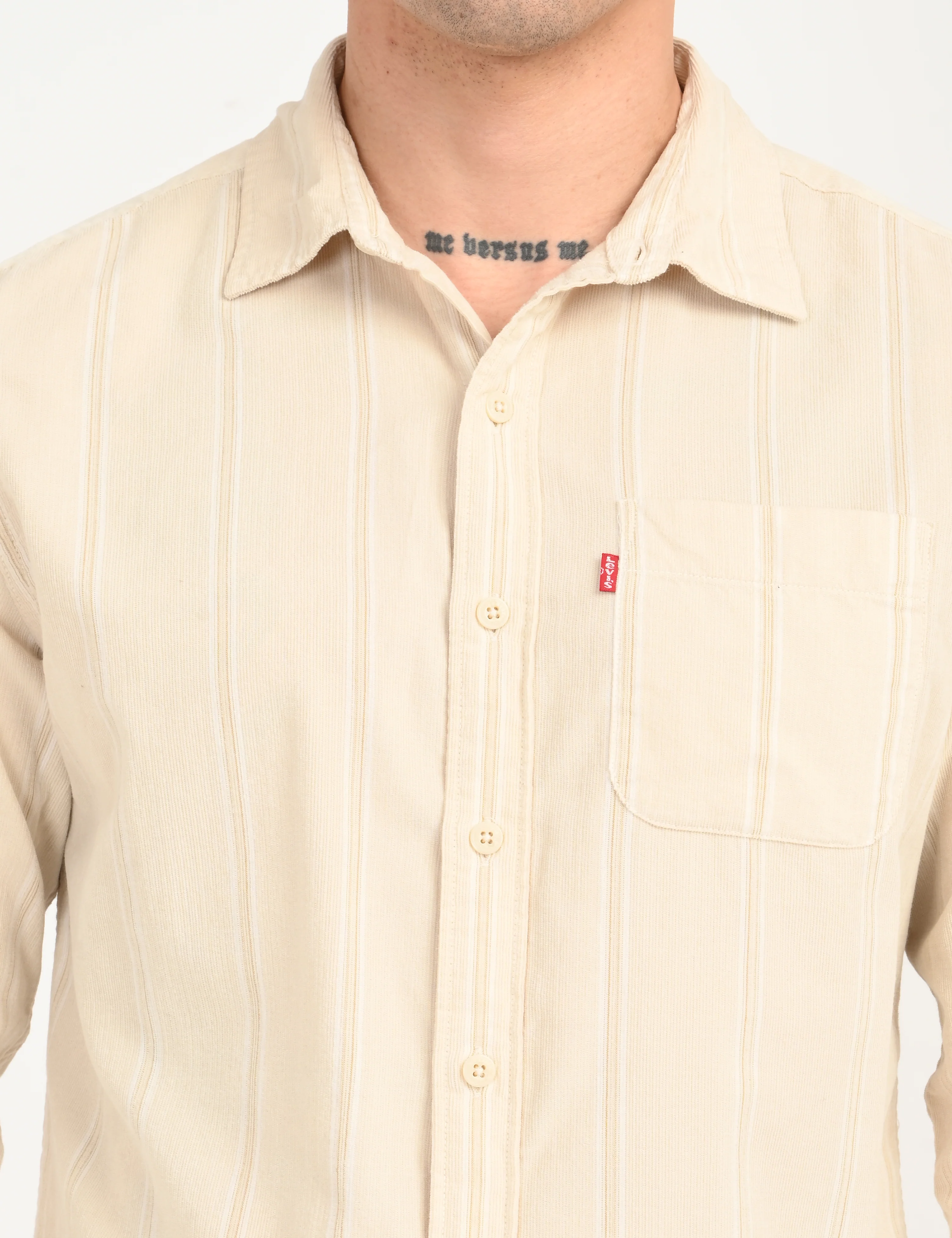 Men's Striped Cream Slim Fit Corduroy Shirt - Image 2