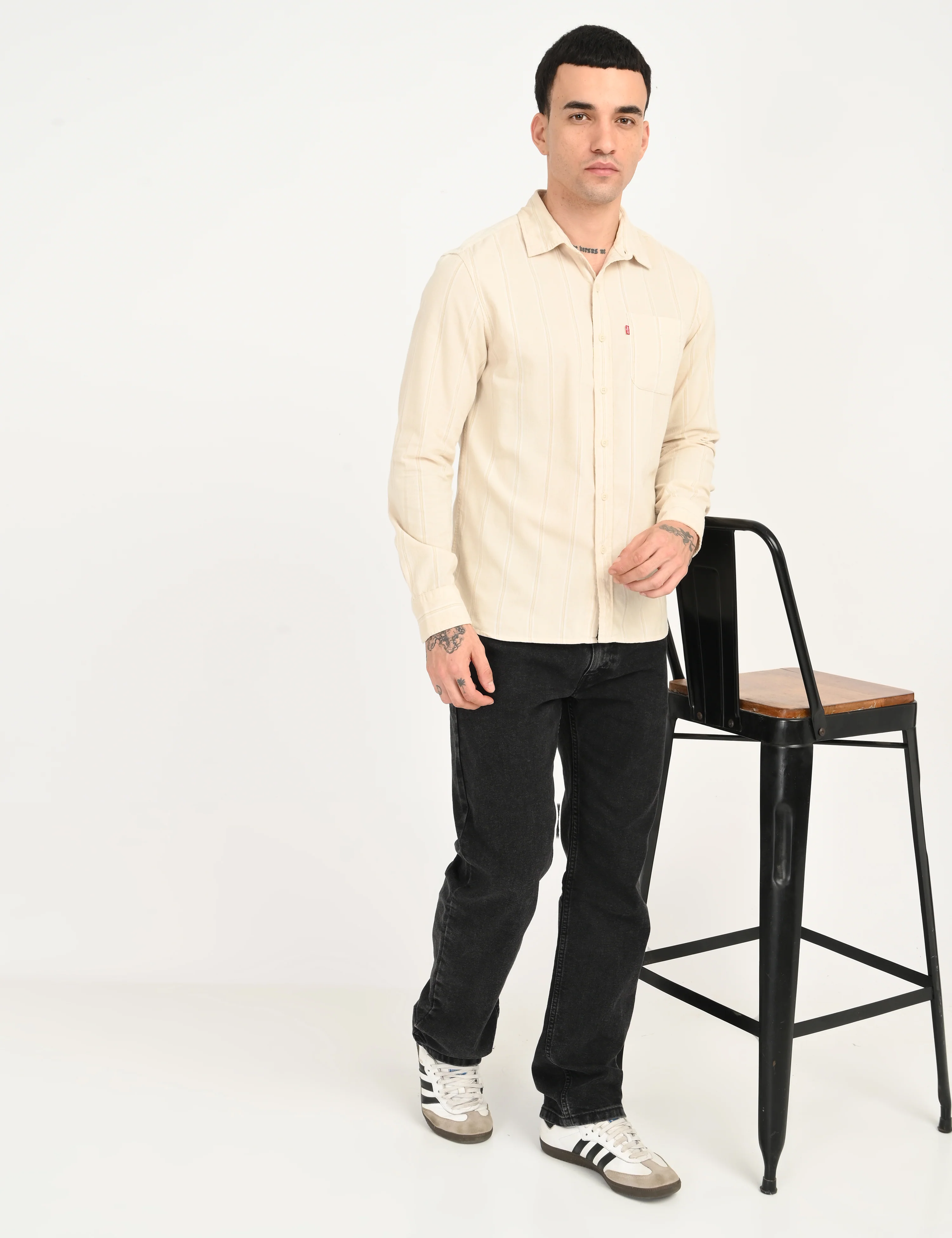Men's Striped Cream Slim Fit Corduroy Shirt - Image 3