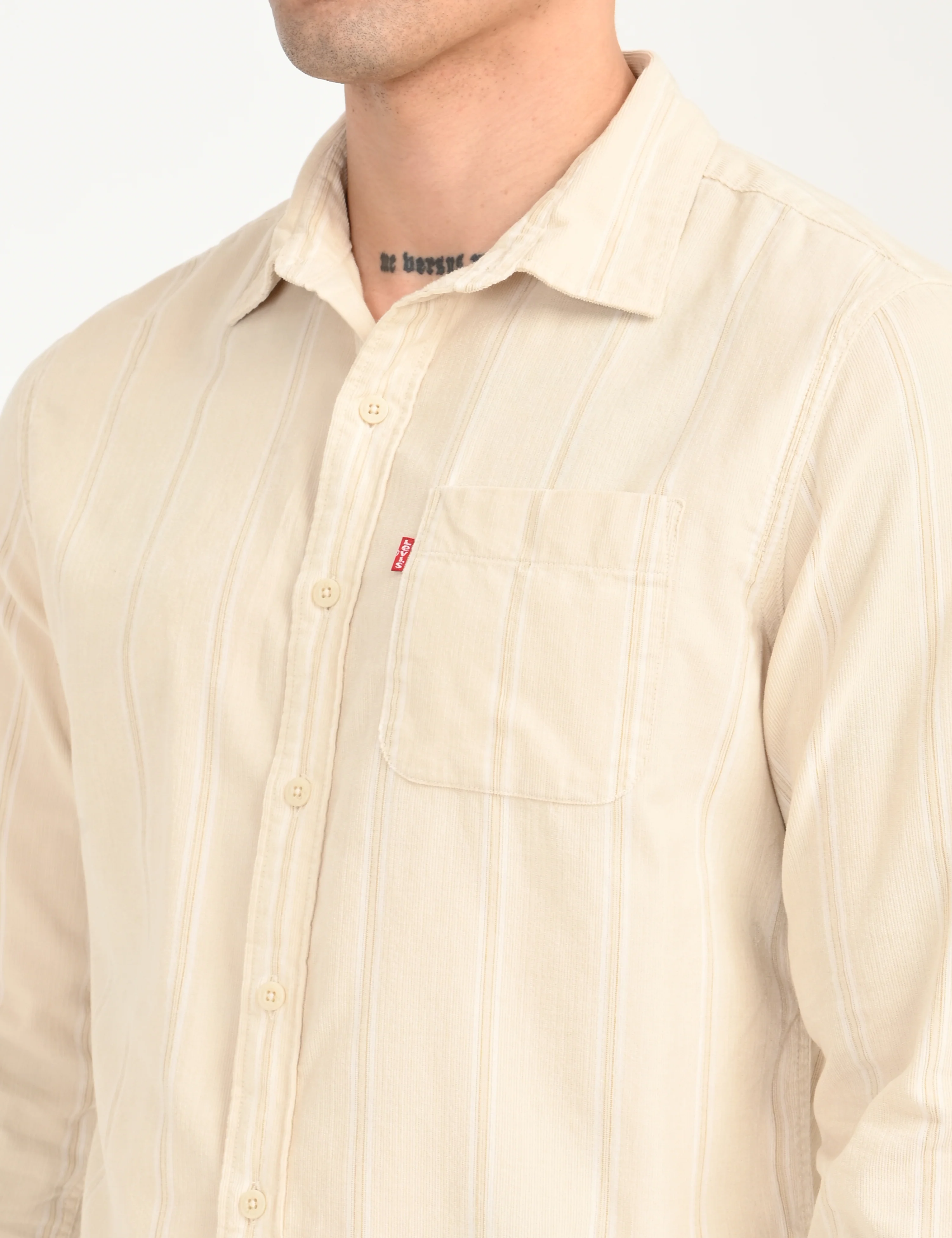 Men's Striped Cream Slim Fit Corduroy Shirt - Image 4