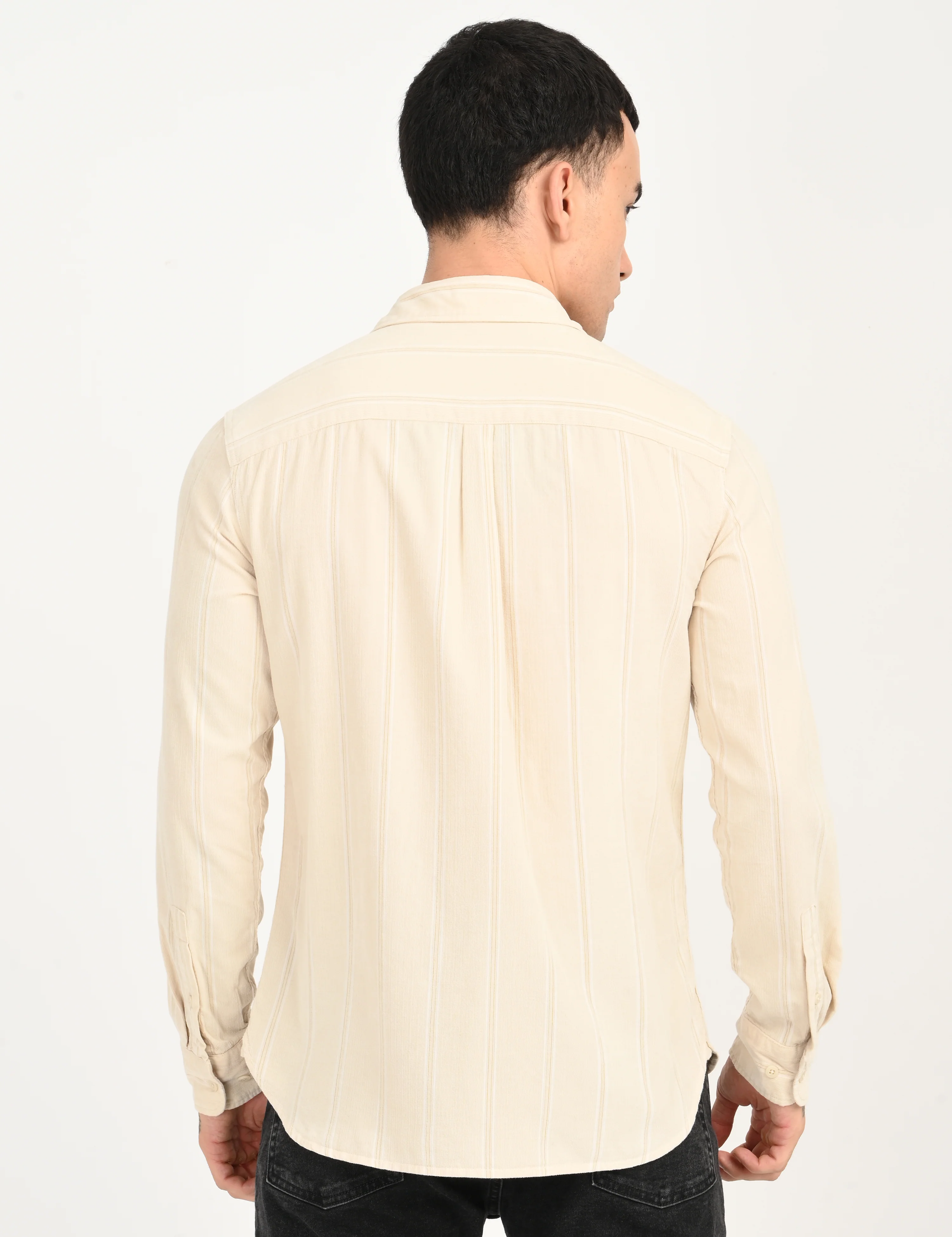 Men's Striped Cream Slim Fit Corduroy Shirt - Image 5