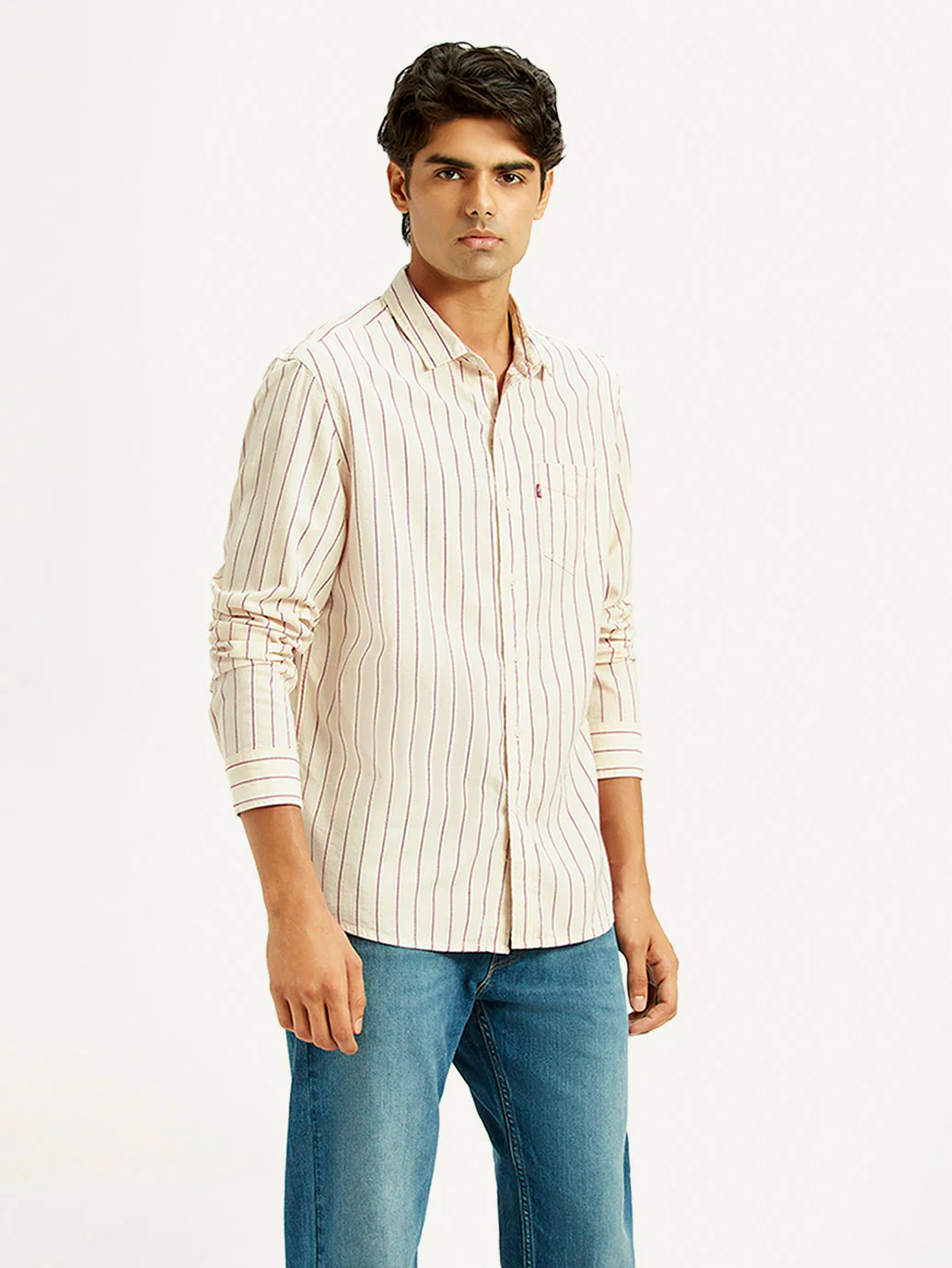 Men's Striped Cream Slim Fit Shirt - Image 5