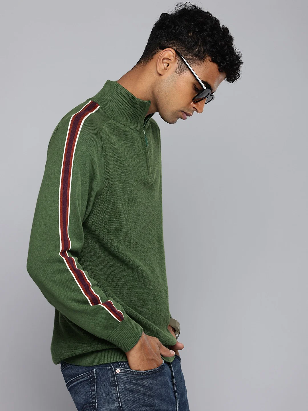 Men's Striped Green High Neck Sweater - Image 5