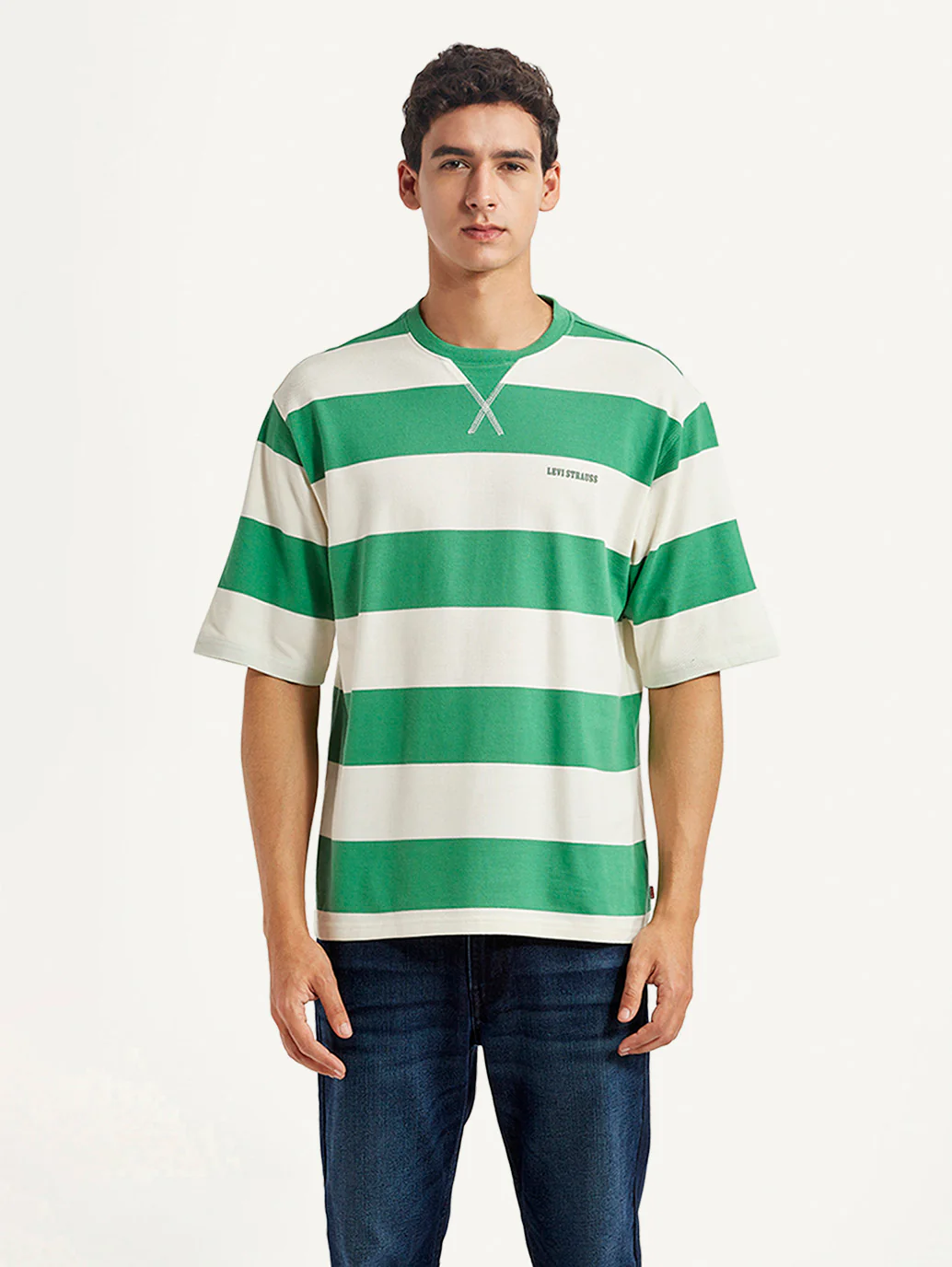 Men's Striped Green Loose Fit T-shirt - Image 2