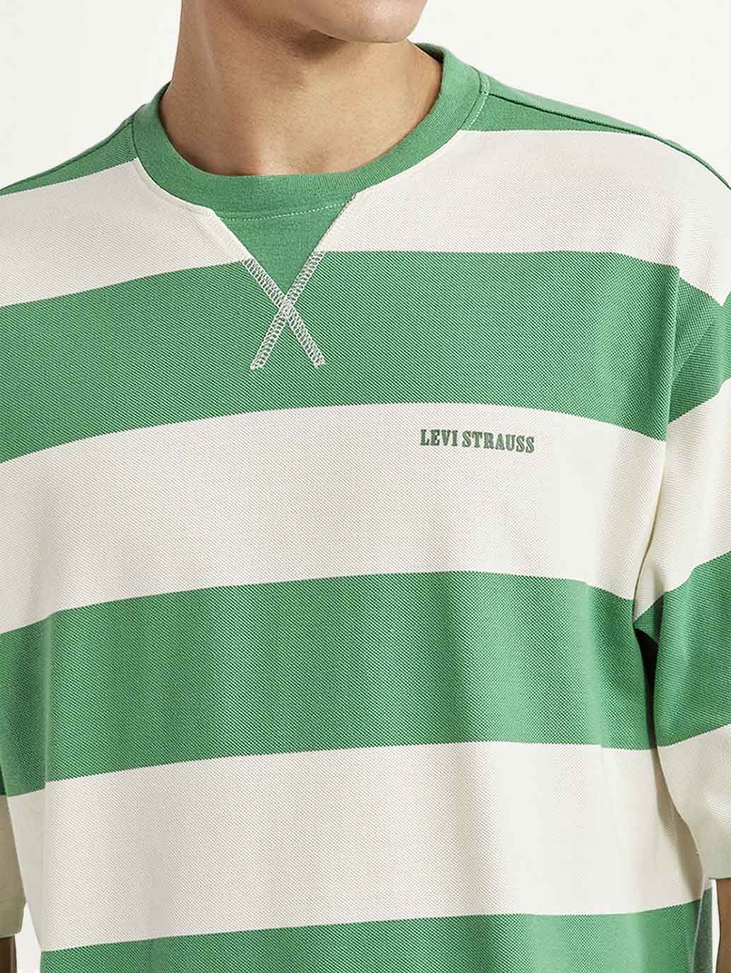 Men's Striped Green Loose Fit T-shirt - Image 4