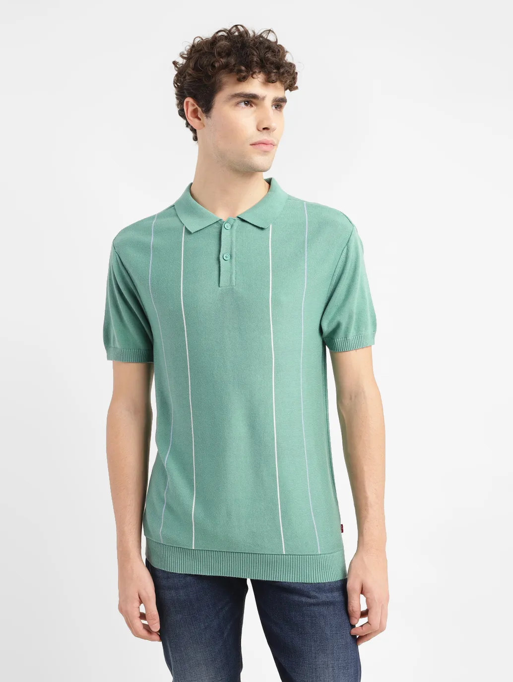 Men's Striped Green Polo Collar Sweater - Image 2