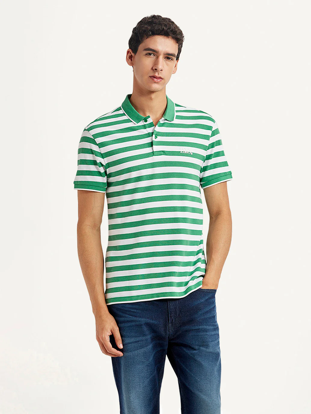 Men's Striped Green Slim Fit Polo T-shirt - Image 2