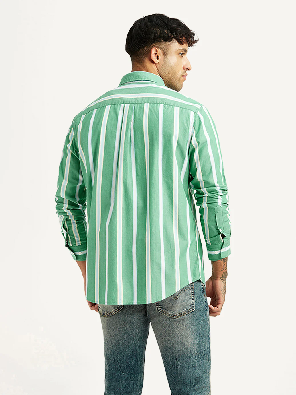 Men's Striped Green Slim Fit Poplin Shirt - Image 2