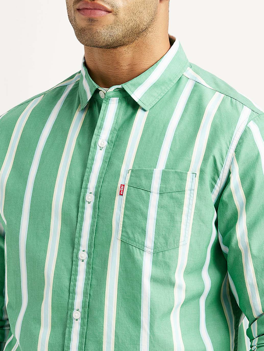 Men's Striped Green Slim Fit Poplin Shirt - Image 3