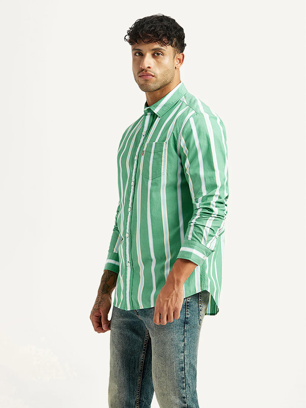 Men's Striped Green Slim Fit Poplin Shirt - Image 4
