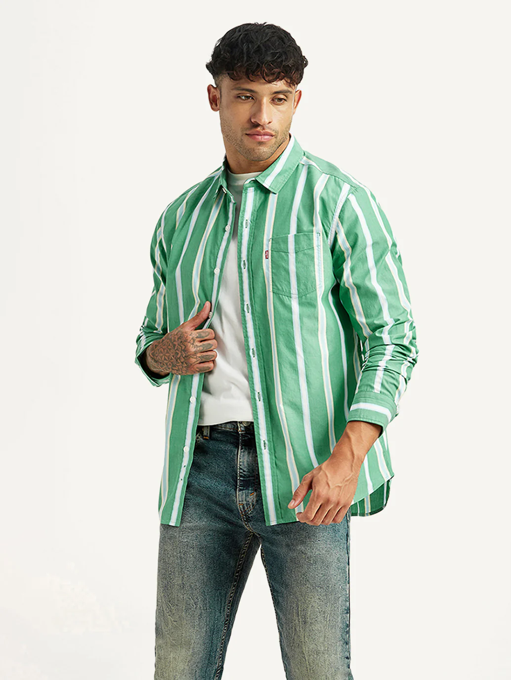 Men's Striped Green Slim Fit Poplin Shirt - Image 5