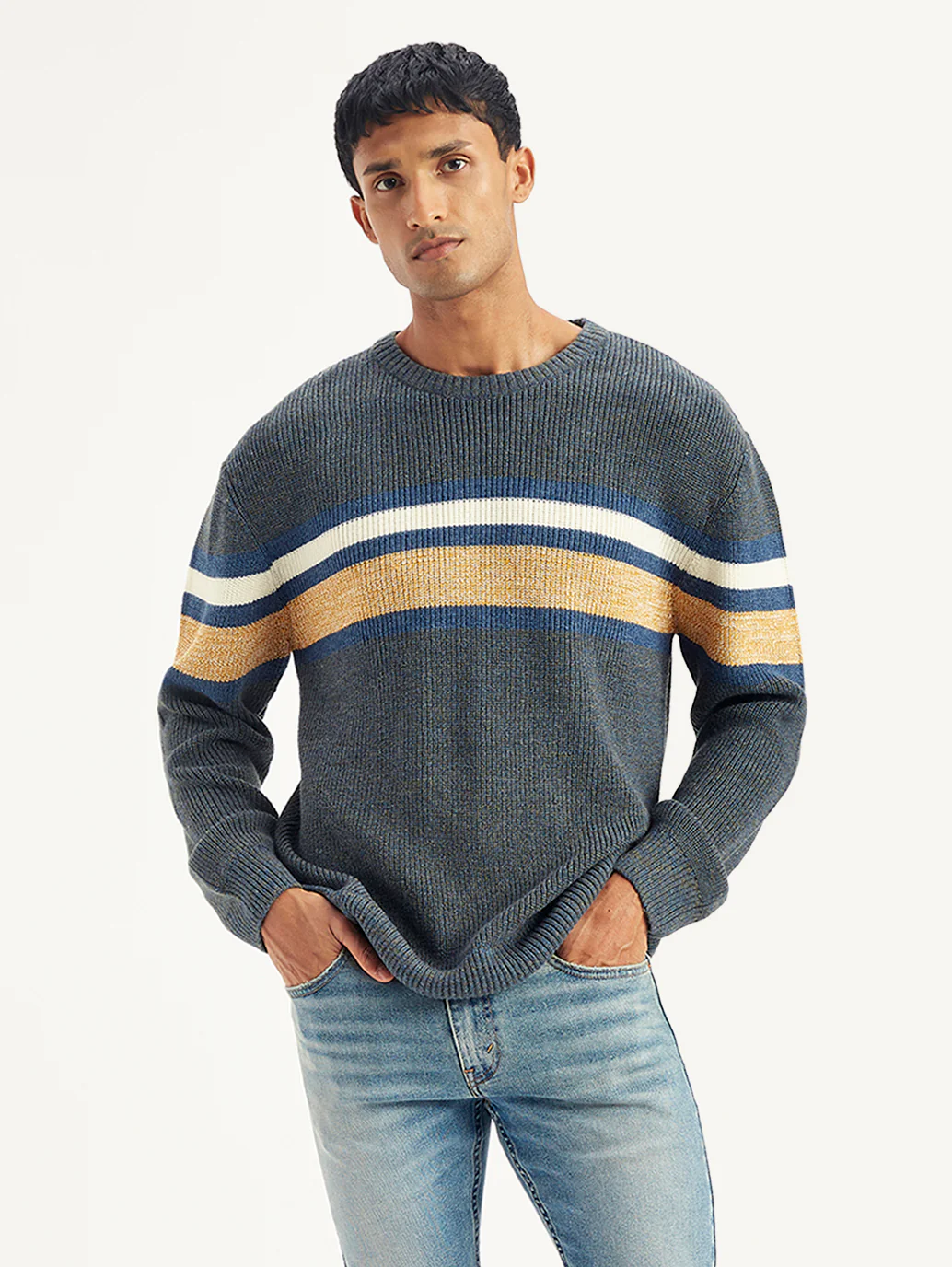 Men's Striped Grey Crew Neck Sweater - Image 2