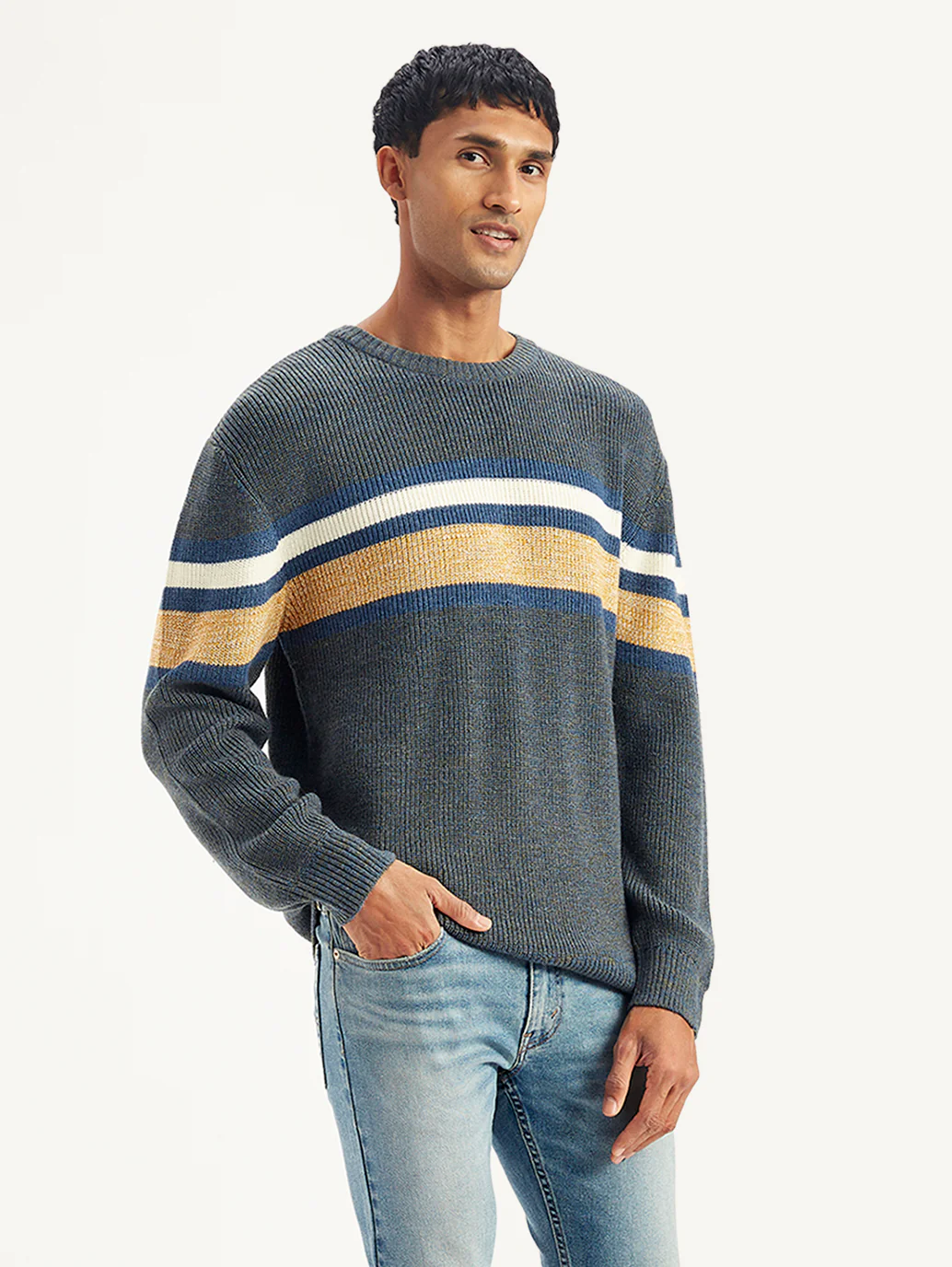 Men's Striped Grey Crew Neck Sweater - Image 5