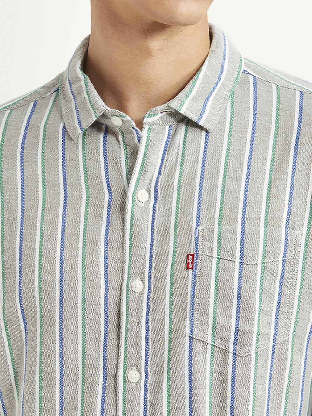 Men's Striped Grey Slim Fit Shirt - Image 4