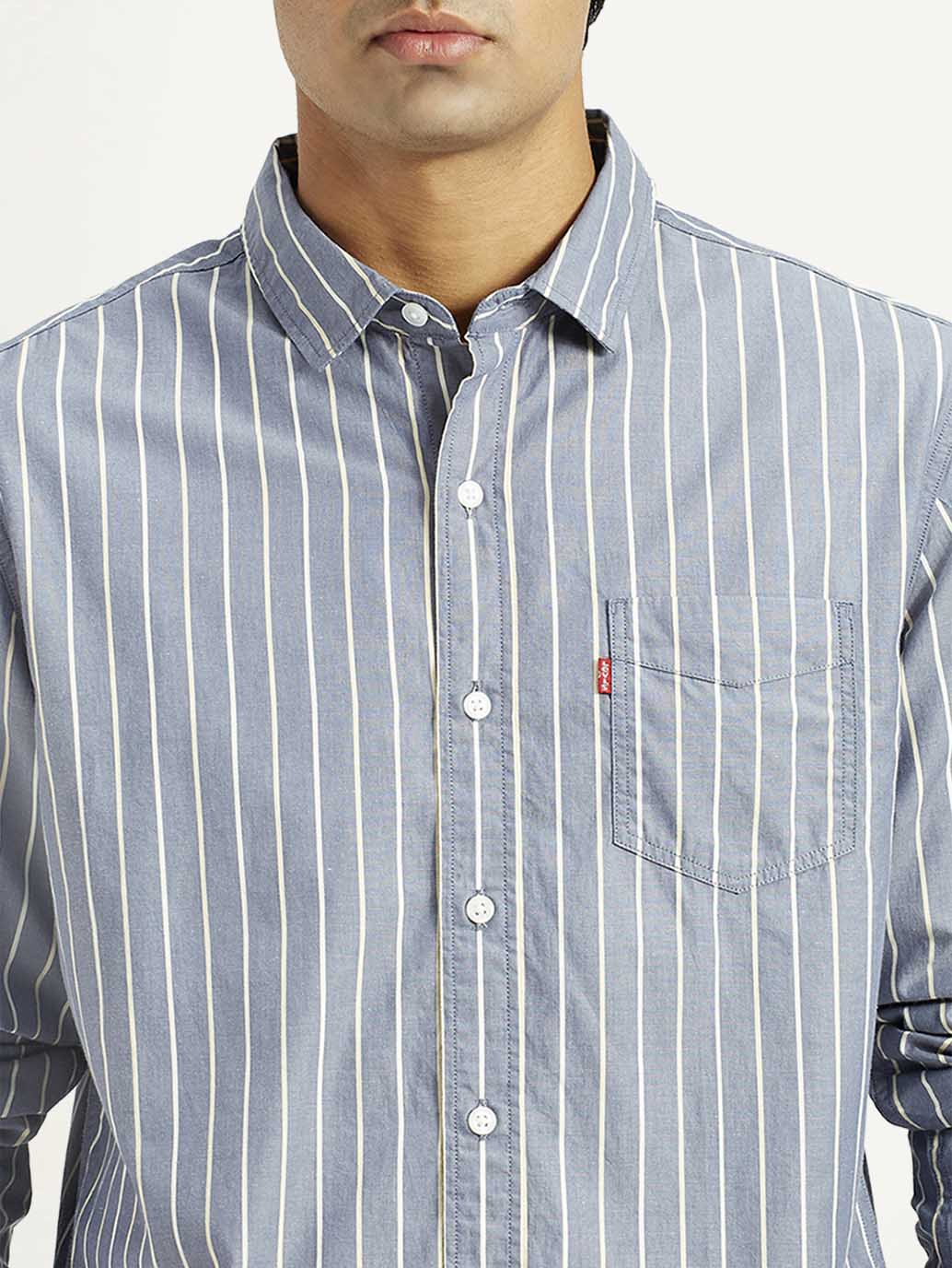 Men's Striped Blue Slim Fit Shirt - Image 4