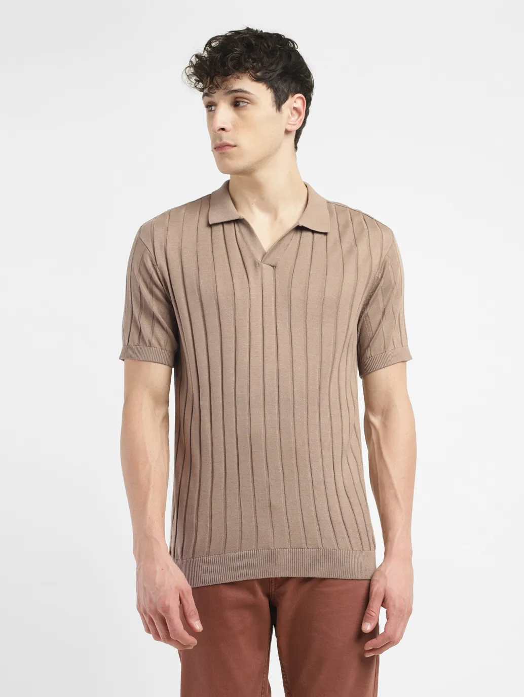 Men's Redloop Striped Khaki Polo Collar Sweater - Image 2