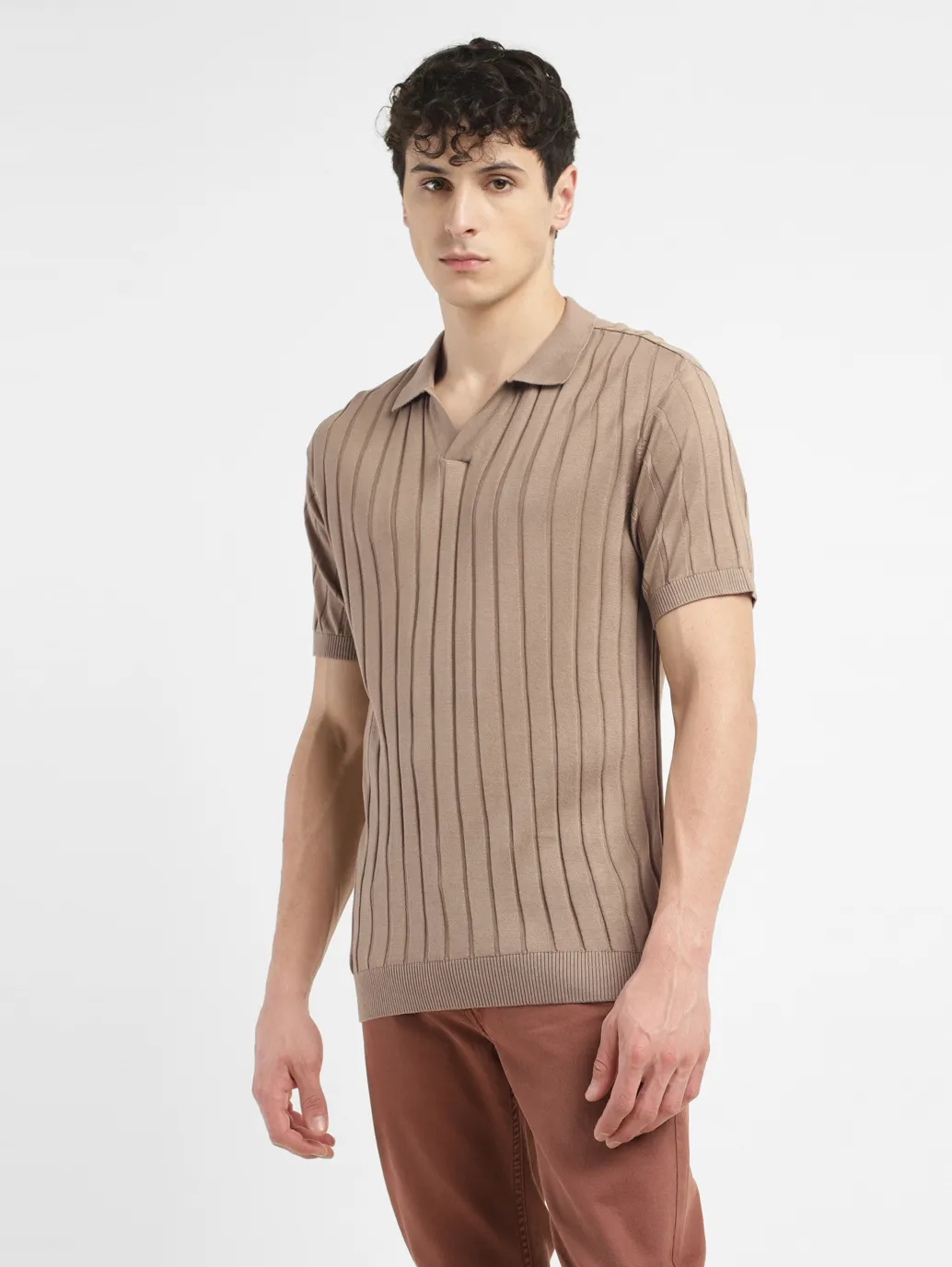 Men's Redloop Striped Khaki Polo Collar Sweater - Image 4