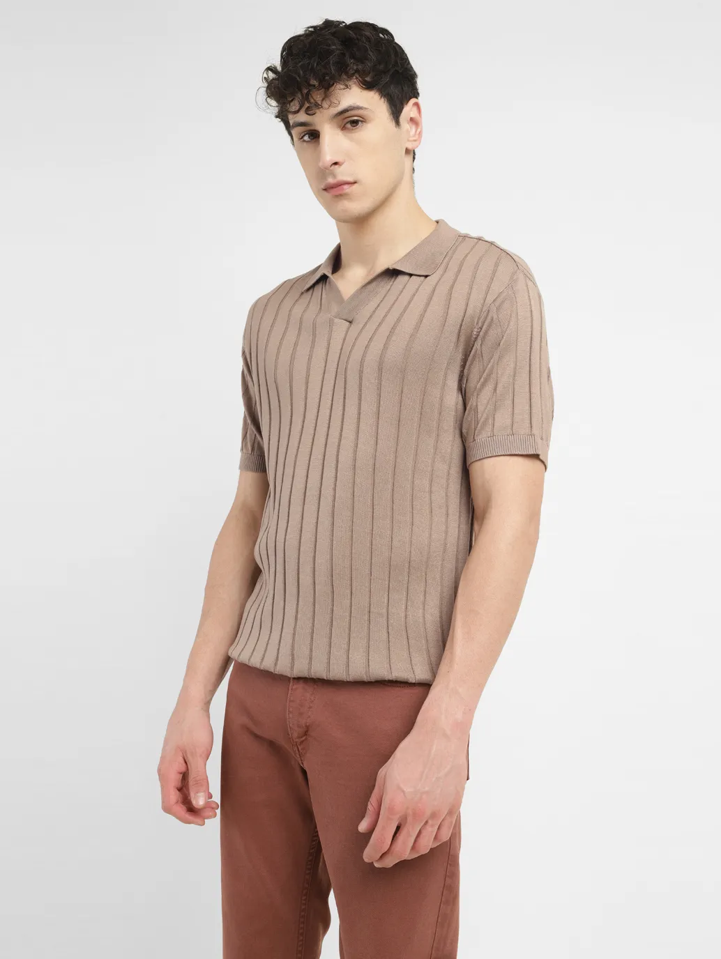 Men's Redloop Striped Khaki Polo Collar Sweater - Image 6