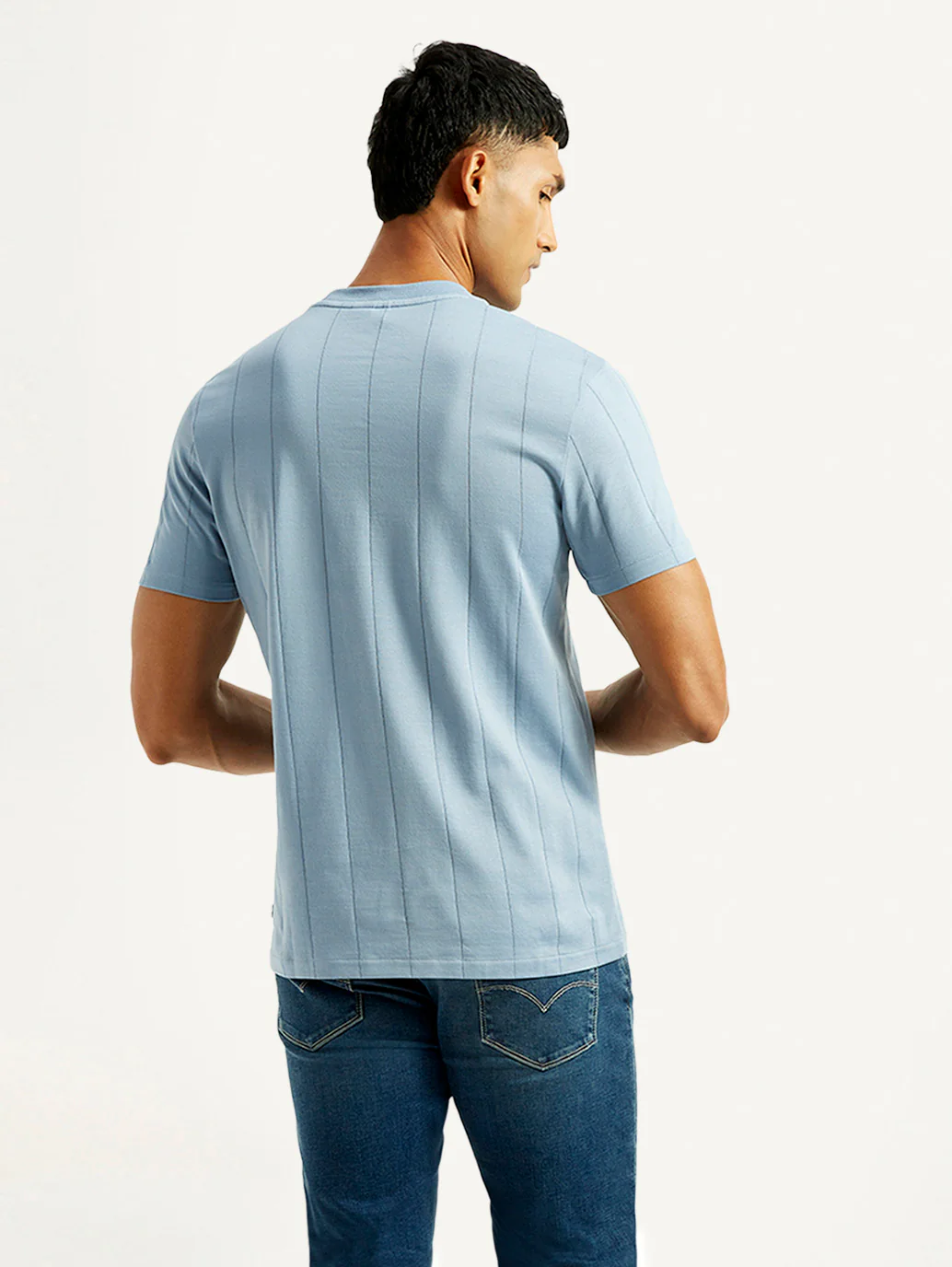 Men's Striped Light Blue Crew Neck T-shirt - Image 3