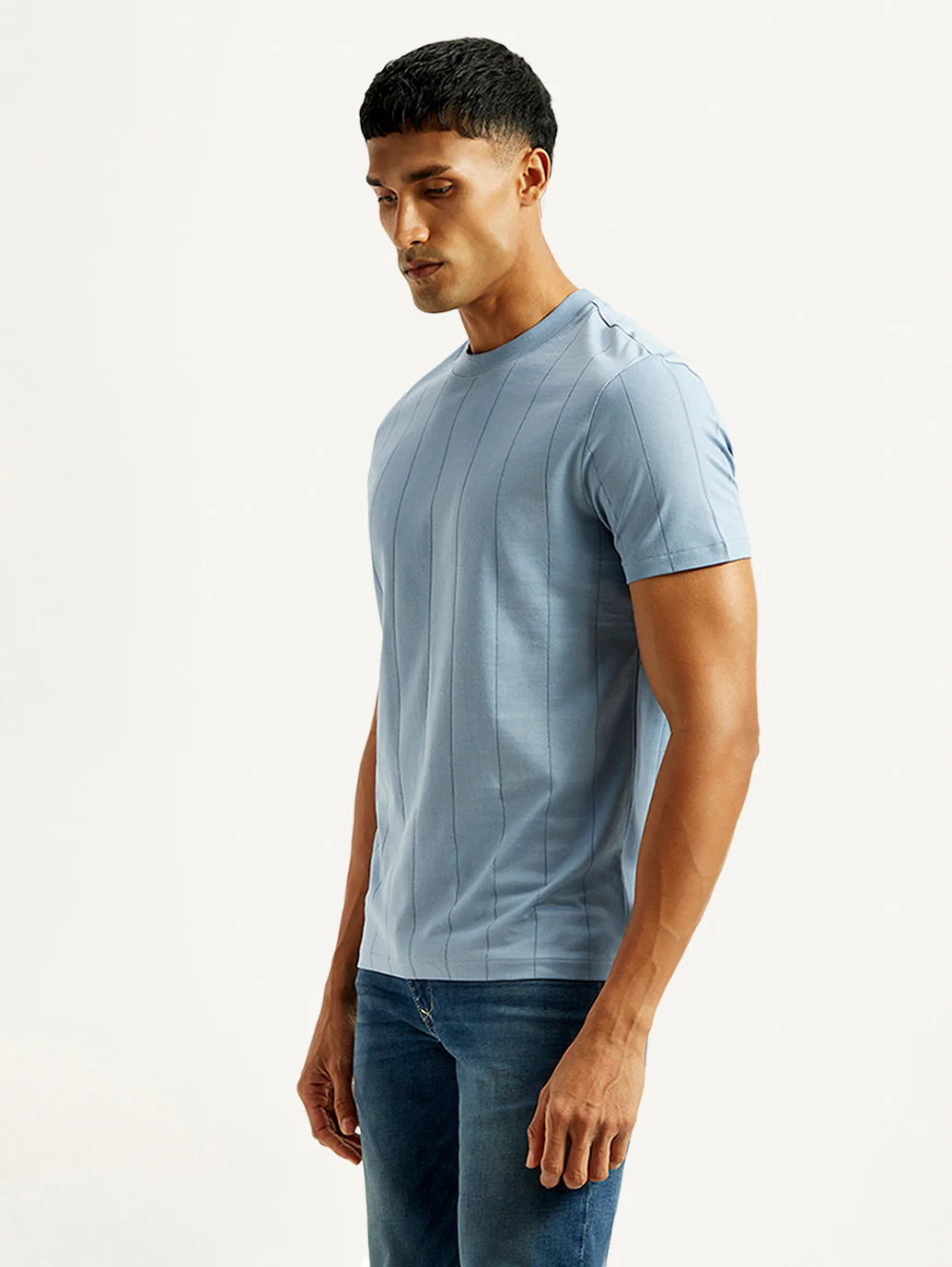 Men's Striped Light Blue Crew Neck T-shirt - Image 5