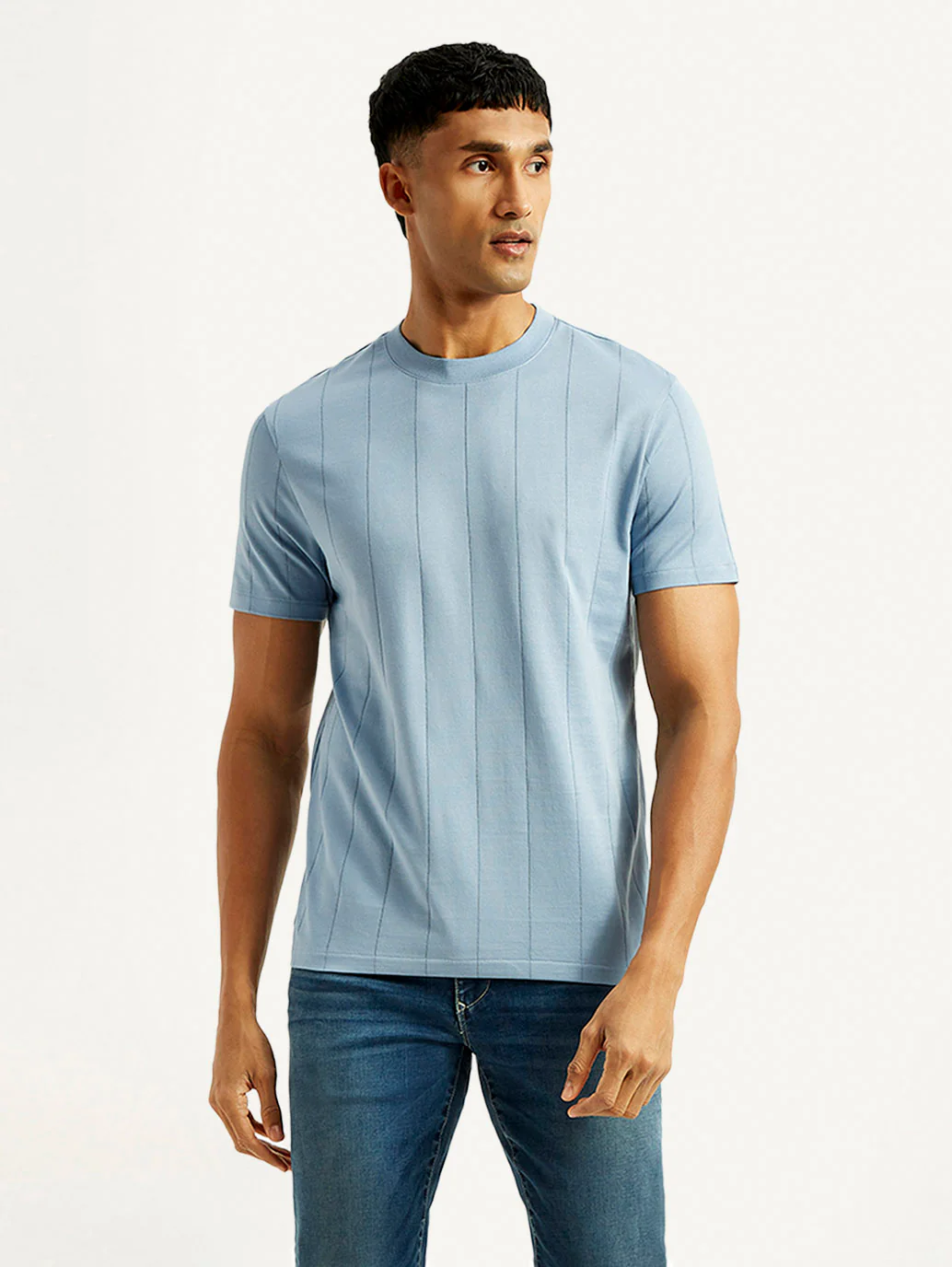 Men's Striped Light Blue Crew Neck T-shirt - Image 6